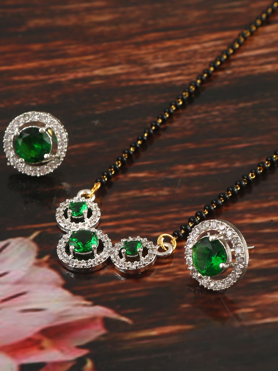 

Jewar Mandi Gold-Plated CZ-Studded & Beaded Mangalsutra With Earrings, Green