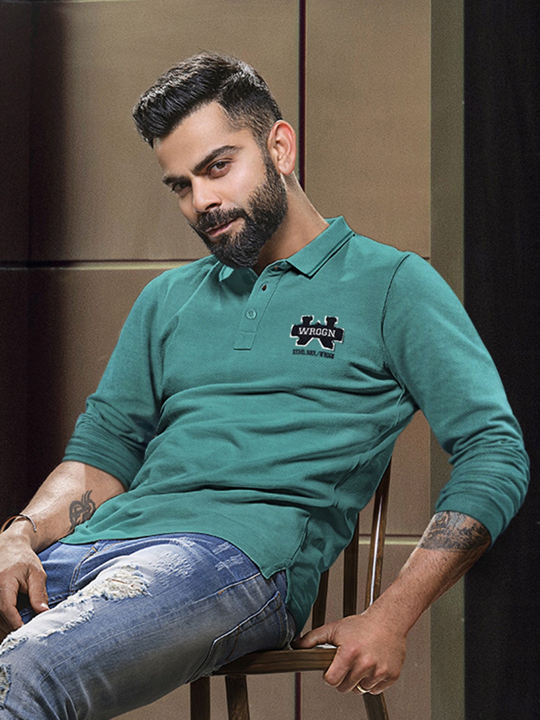

WROGN Brand Logo Embroidered Polo Collar Pure Cotton Slim Fit T-shirt, Green