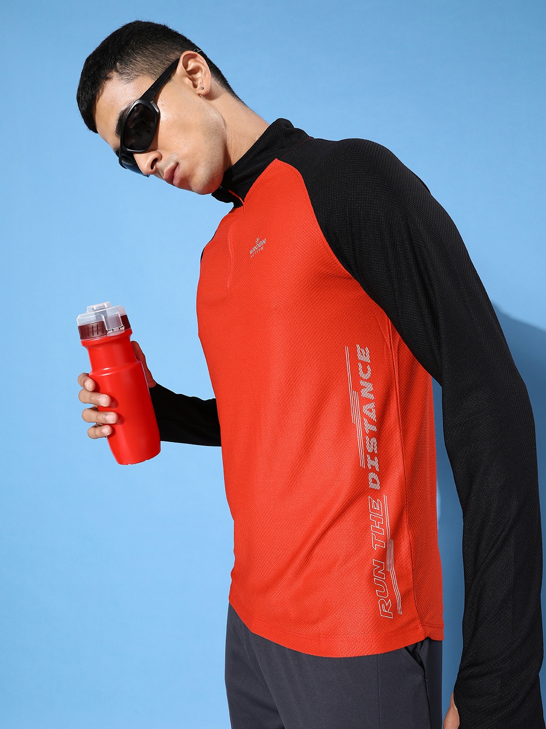 

WROGN ACTIVE Men Colourblocked Dry Pro Henley Neck Slim Fit T-shirt, Red
