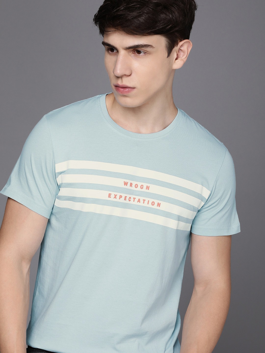 

WROGN Striped Pure Cotton Applique Slim Fit T-shirt, Blue