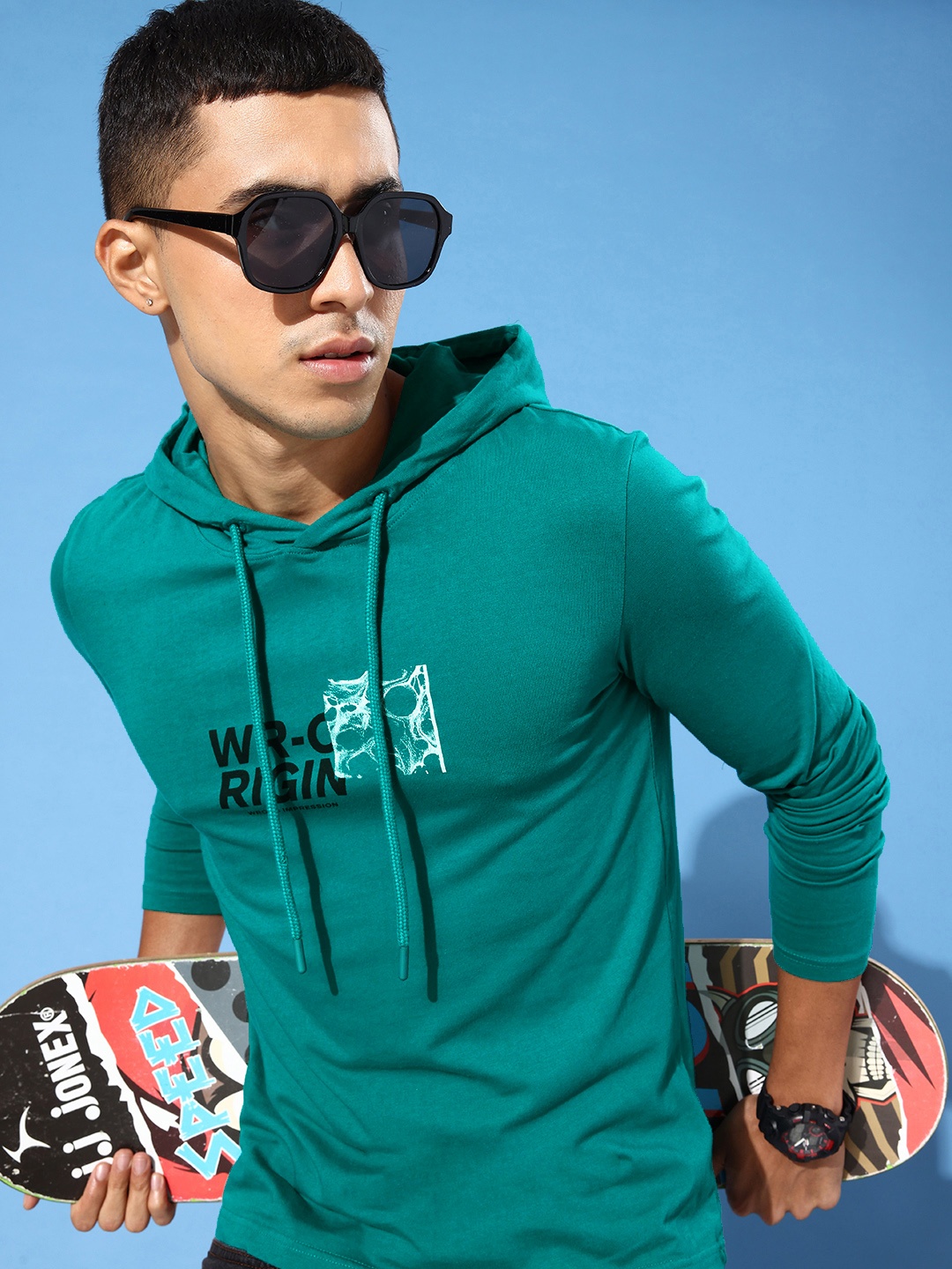 

WROGN Men Teal Green Typography Printed Hooded Pure Cotton Text & Monograms T-shirt