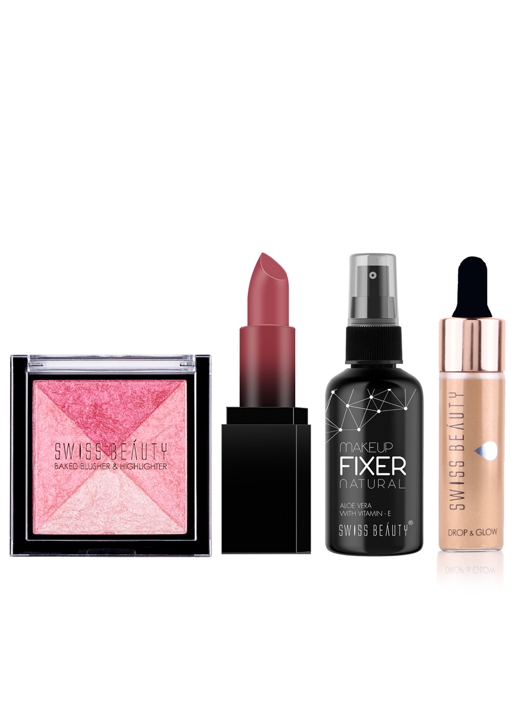 

SWISS BEAUTY Set of Makeup Fixer + HD Matte Lipstick + Blusher & Highlighter + Illuminater, Gold