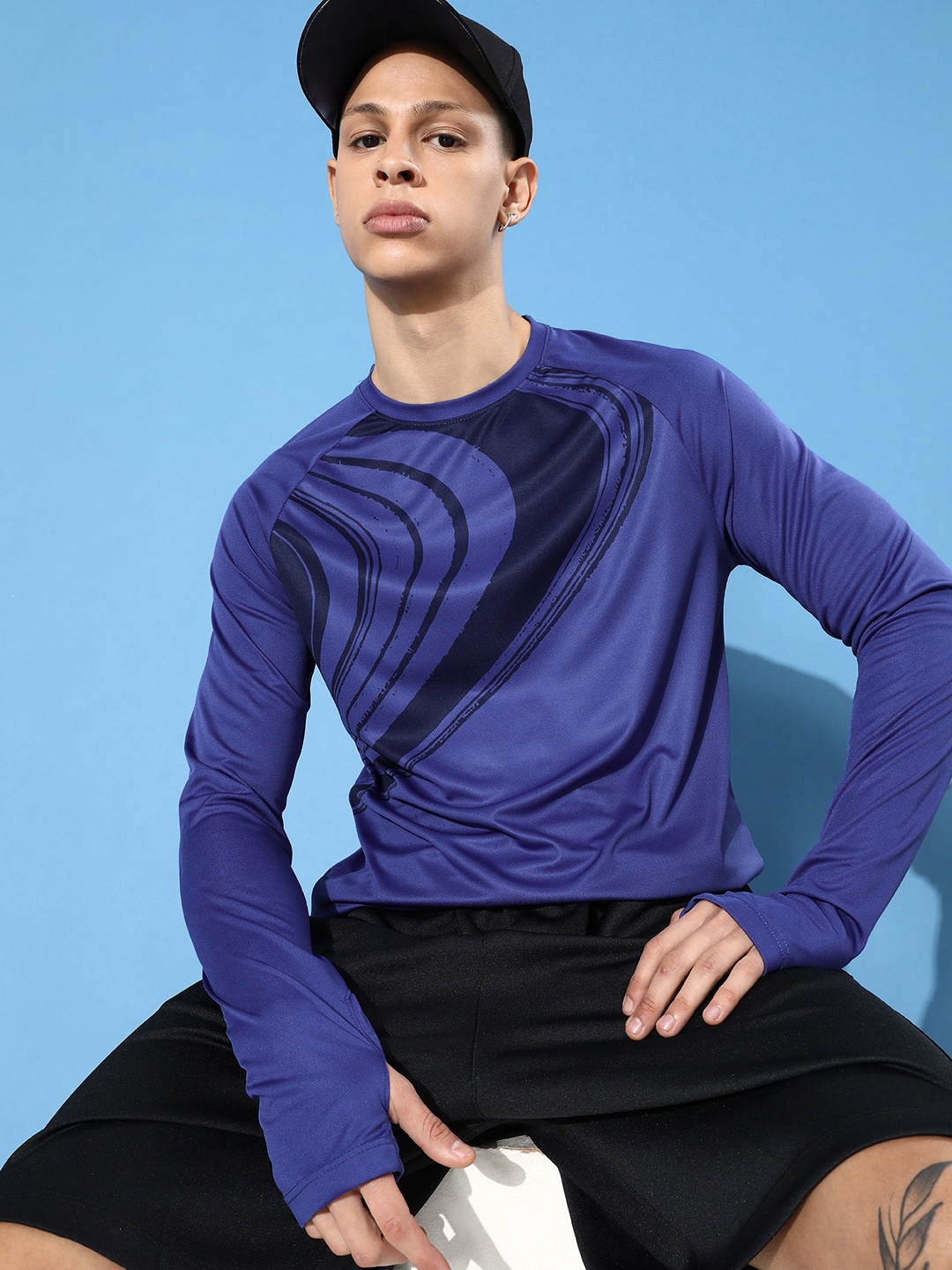 

WROGN ACTIVE Abstract Printed Round-Neck Casual T-shirt, Blue