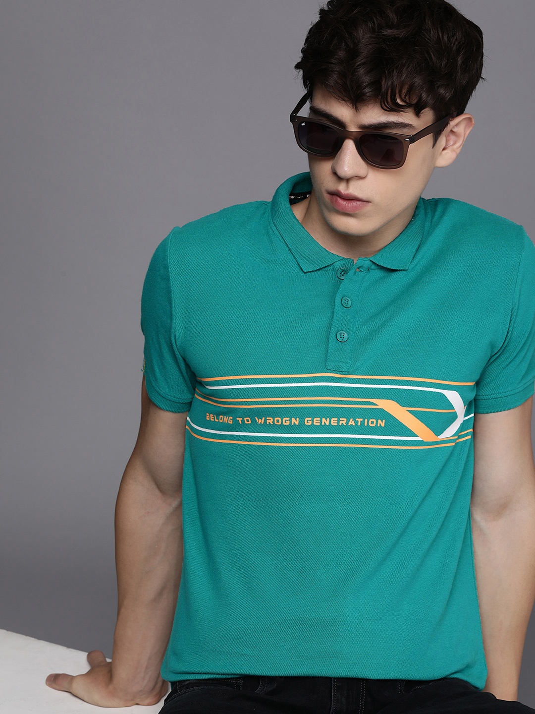 

WROGN Typography Printed Polo Collar Pure Cotton Slim Fit T-shirt, Green