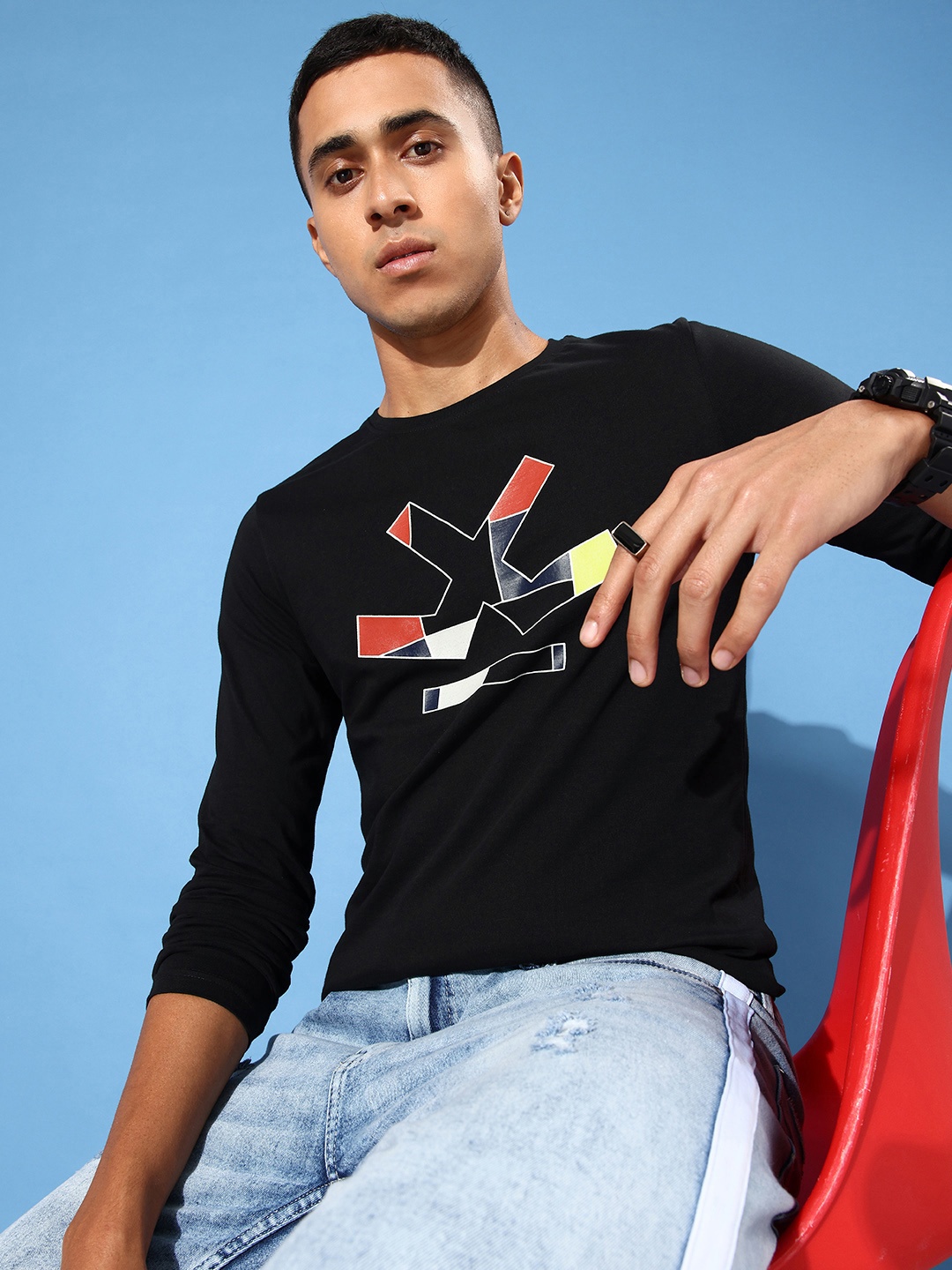 

WROGN Brand Logo Printed Pure Cotton Slim Fit T-shirt, Black