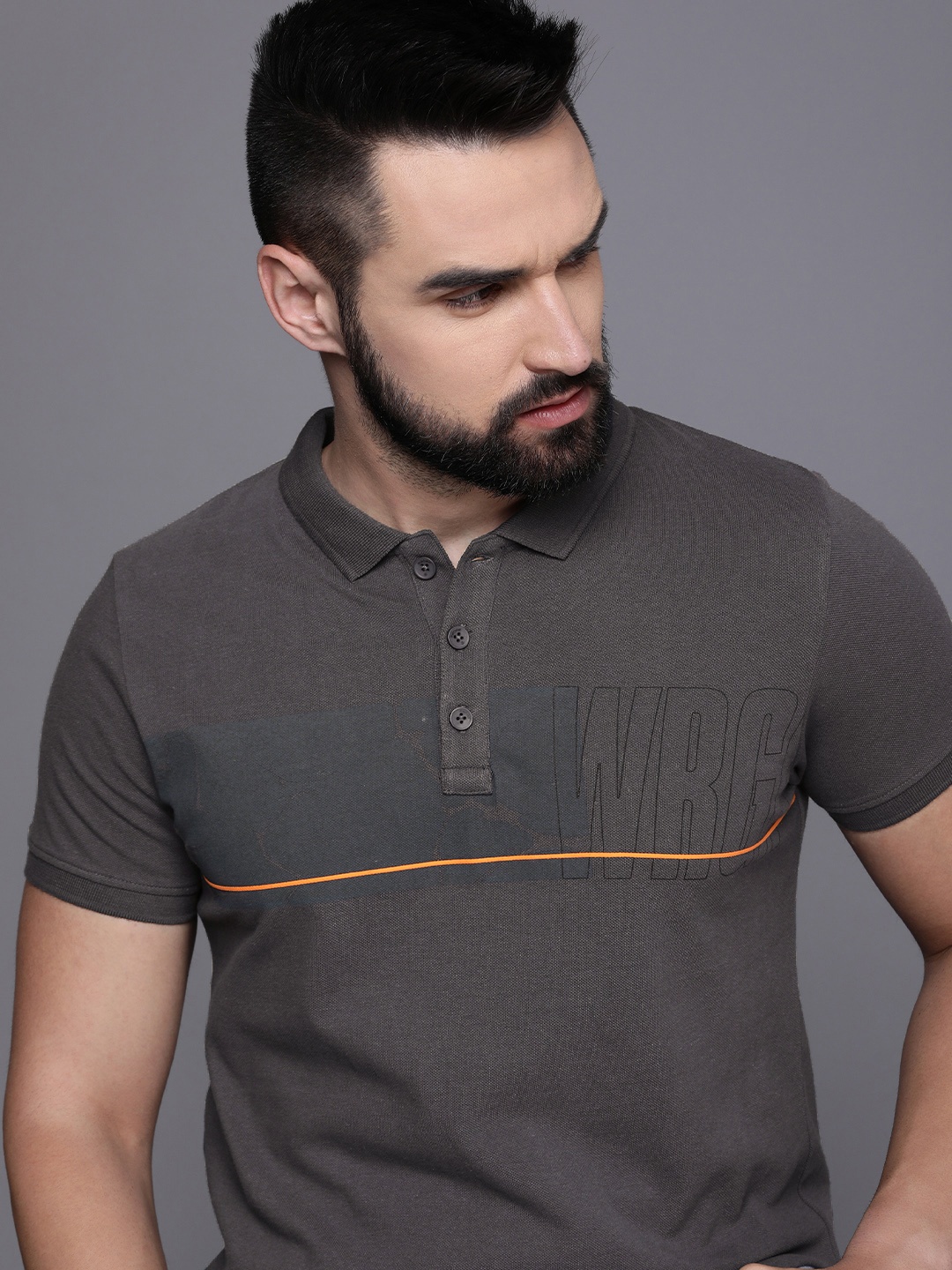 

WROGN Men Printed Polo Collar Pure Cotton Slim Fit T-shirt, Grey