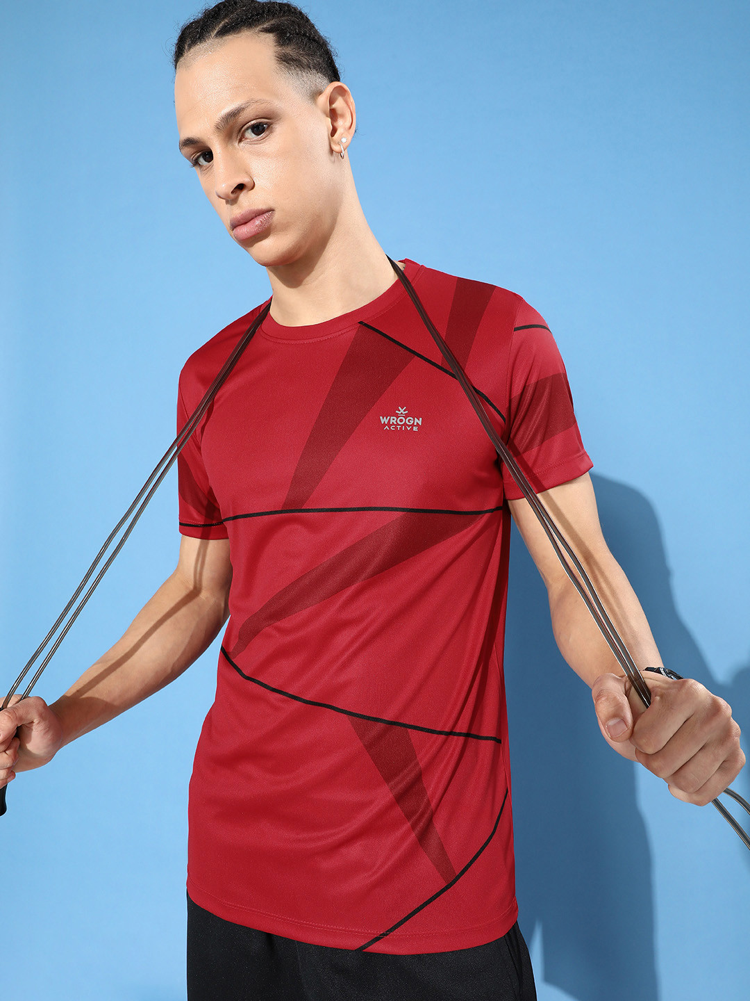 

WROGN ACTIVE Geometric Printed Round-Neck Sports T-shirt, Red