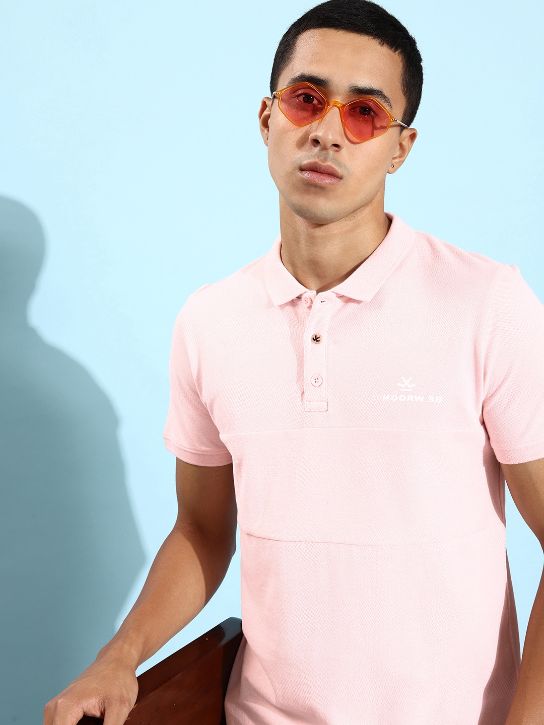 

WROGN Light Rose Pink Pastel Bars Polo Neck Slim Fit Pure Cotton T-shirt