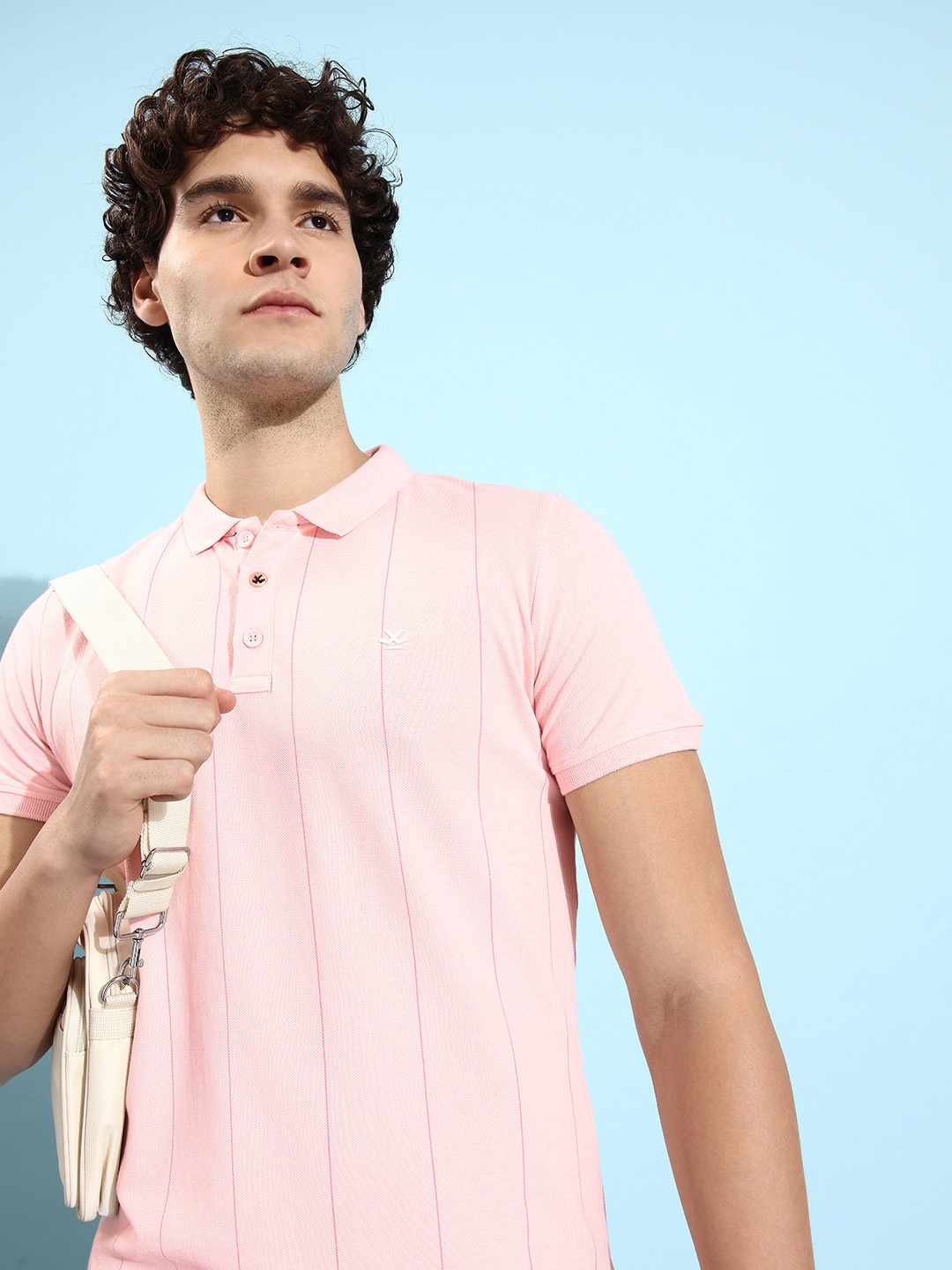 

WROGN Light Pink Pastel Bars Striped Polo Neck Slim Fit Pure Cotton T-shirt