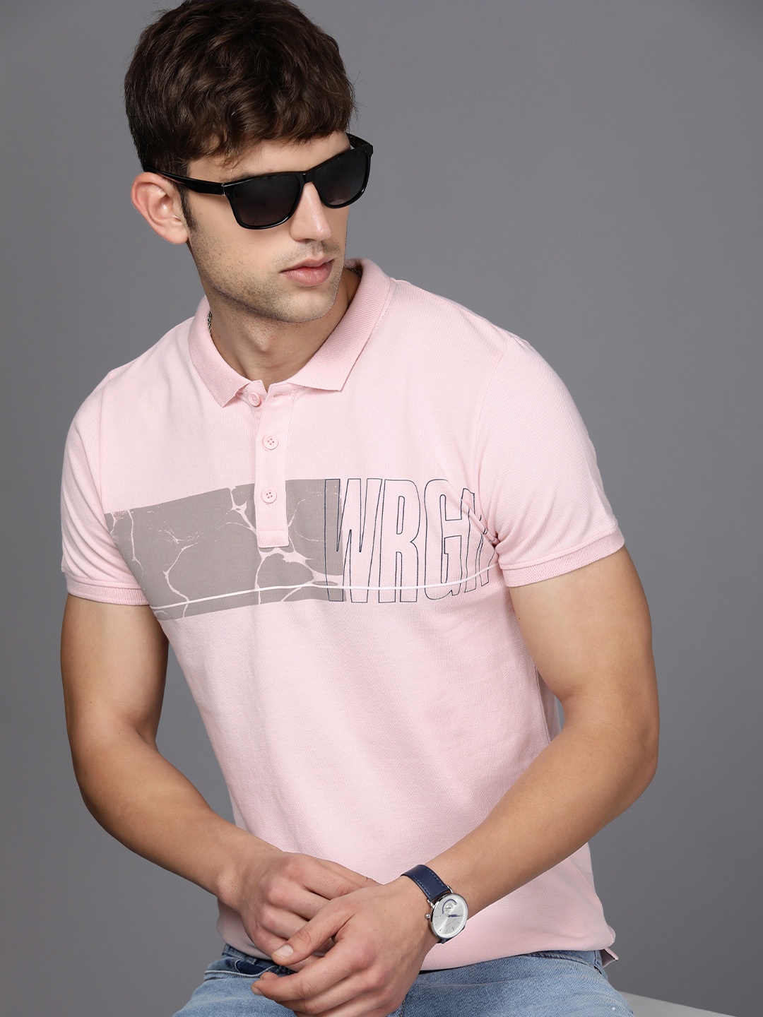 

WROGN Pure Cotton Brand Logo Printed Polo Collar Slim Fit Casual T-shirt, Pink