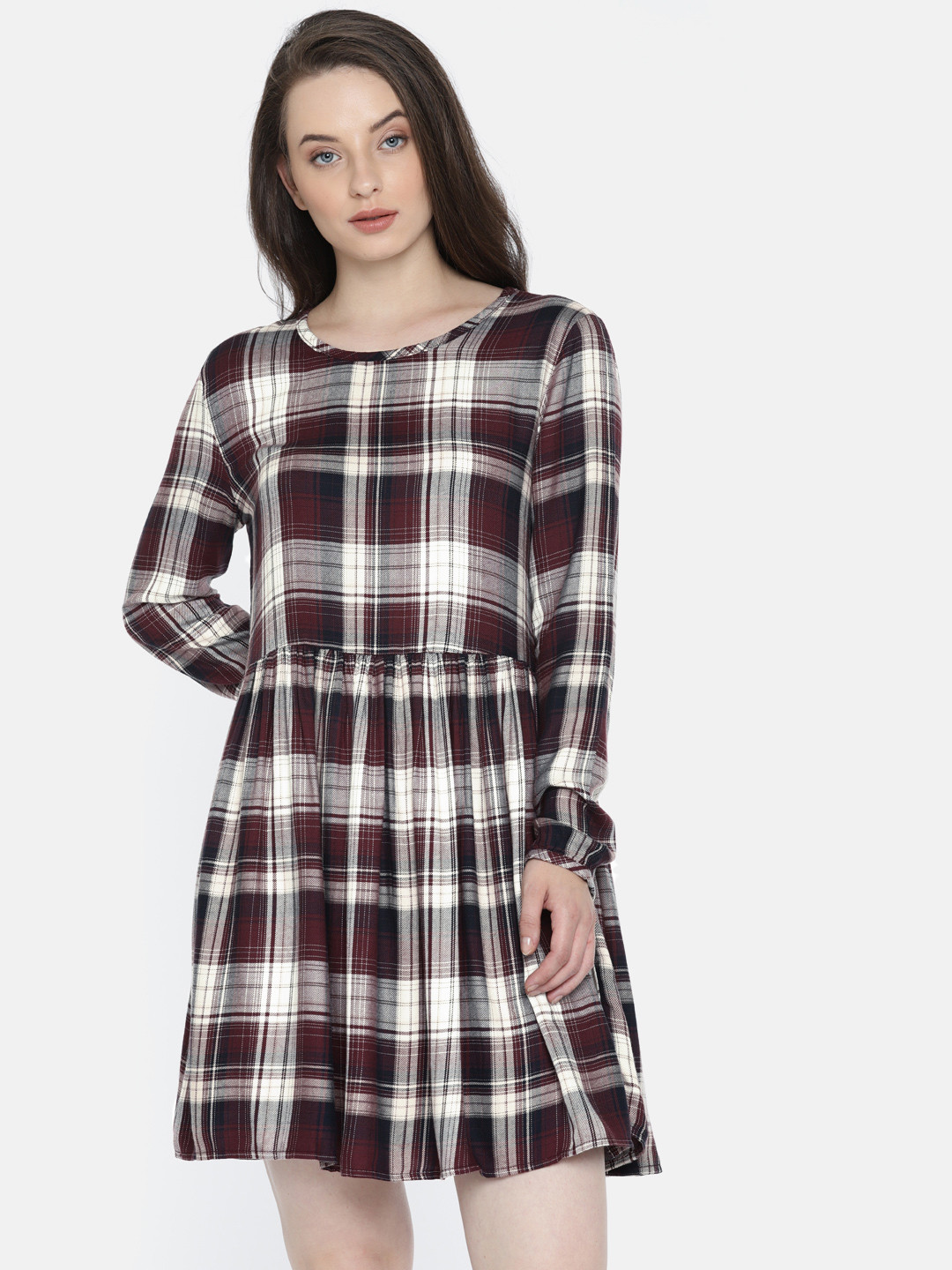 

ONLY Women Maroon & Off-White Checked A-Line Dress