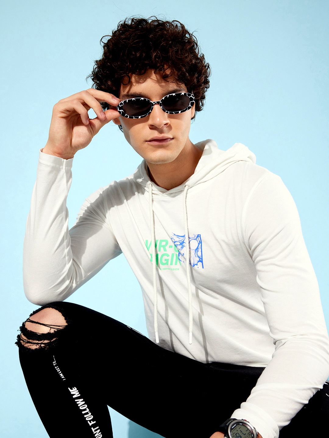 

WROGN Typography Printed Hooded Pure Cotton Slim Fit T-shirt, White