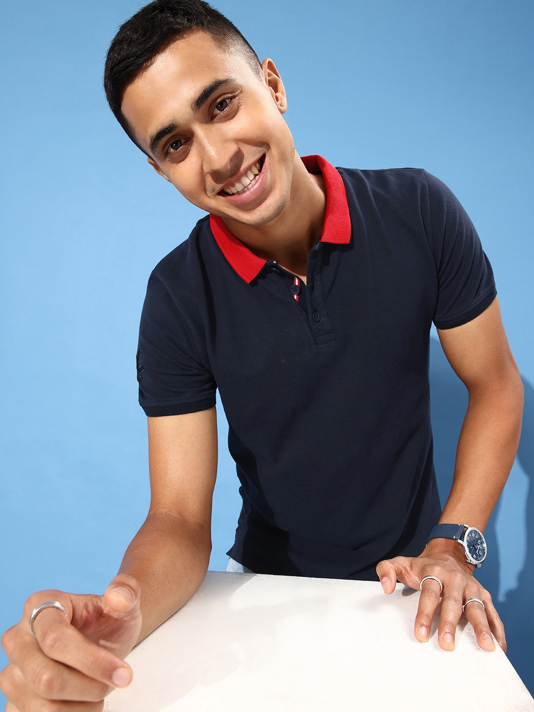 

WROGN Polo Collar Pure Cotton Slim Fit T-shirt, Navy blue