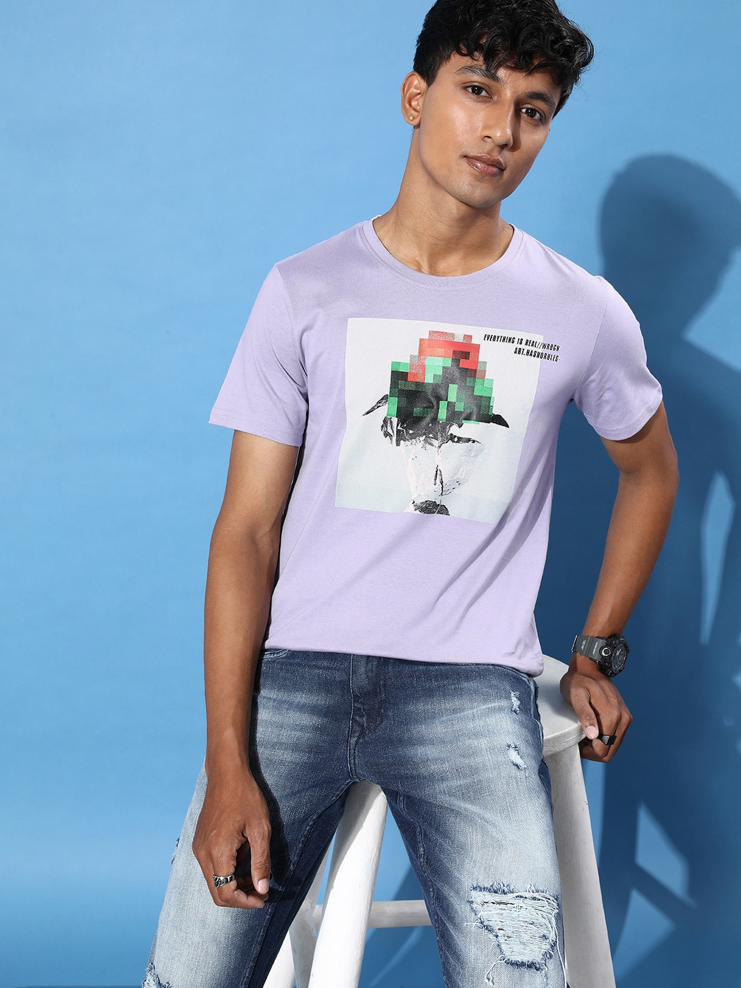 

WROGN Men Misty Lavender Pure Cotton Summertime Solace Digiprints T-shirt