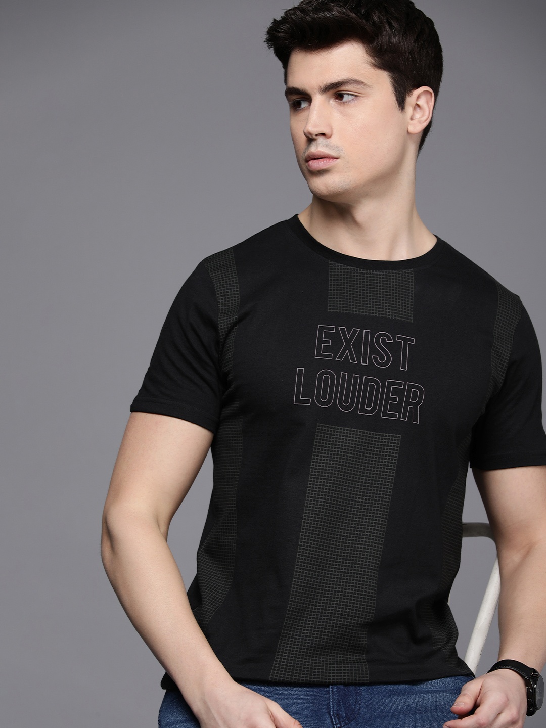 

WROGN Round Neck Typography Printed Pure Cotton Slim Fit T-shirt, Black
