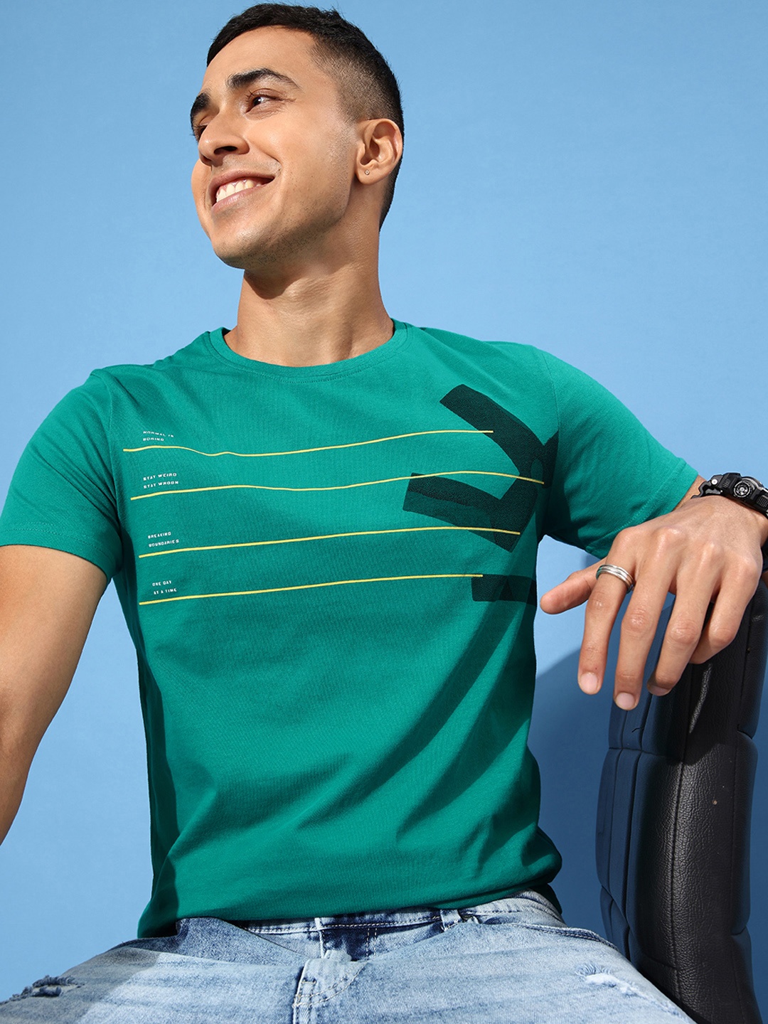 

WROGN Striped And Printed Pure Cotton Slim Fit T-shirt, Green