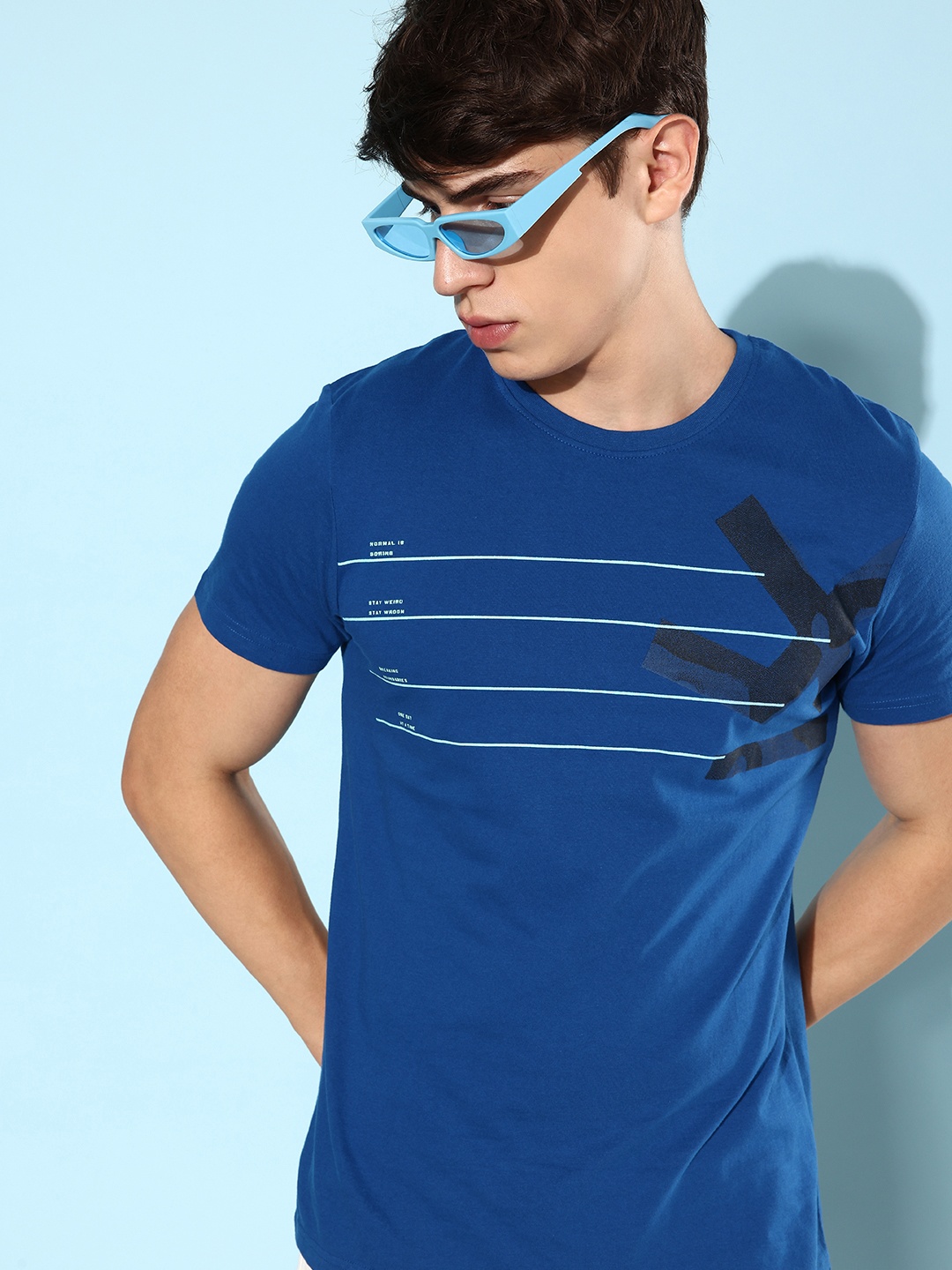 

WROGN Striped Pure Cotton Slim Fit T-shirt, Blue