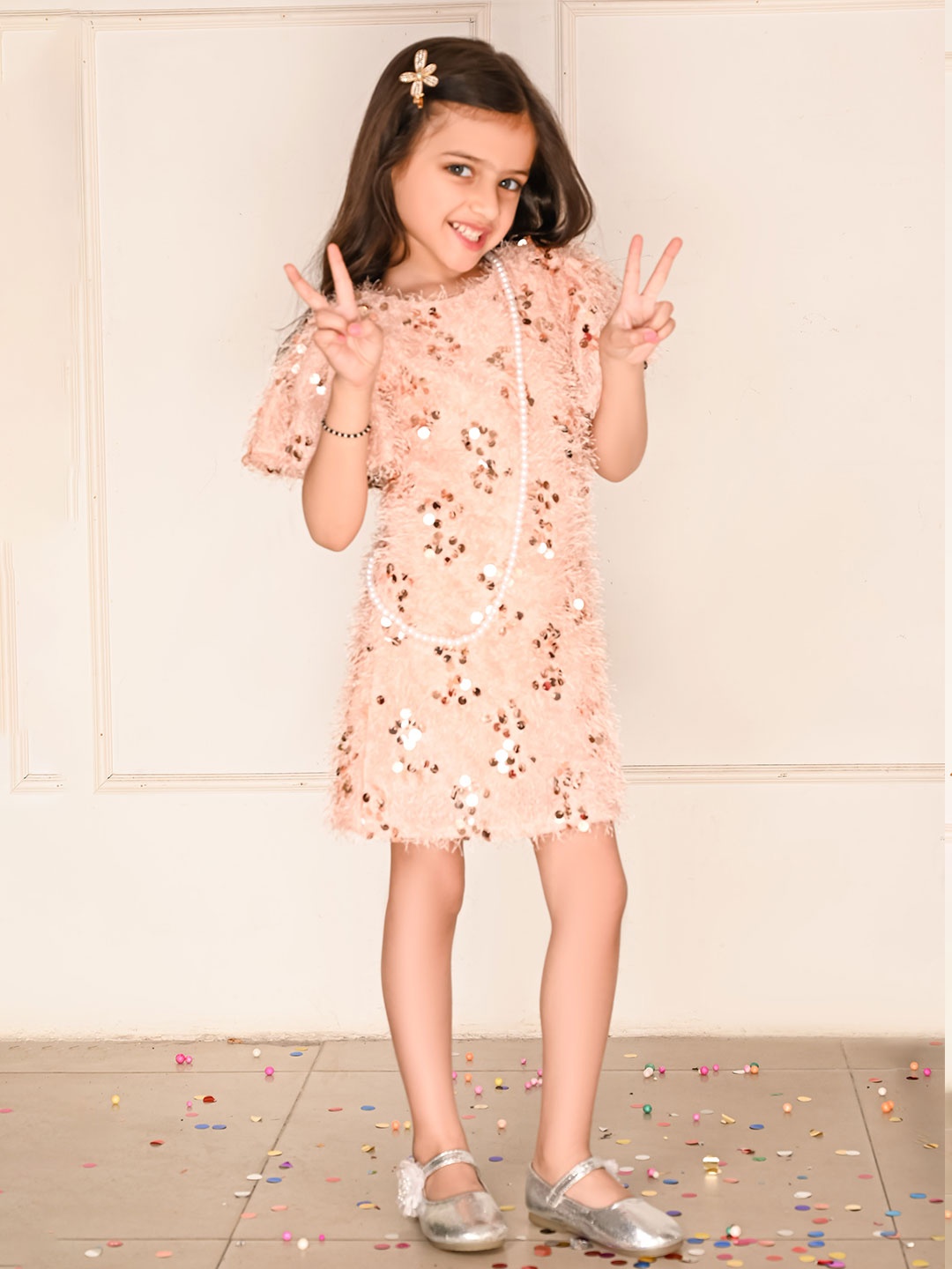 

LilPicks Embellished Sequined Short Sleeve Sheath Dress, Peach