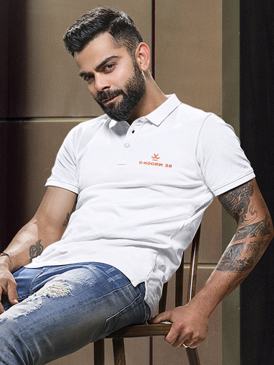 

WROGN Light Bright White Pastel Bars Polo Neck Slim Fit Pure Cotton T-shirt