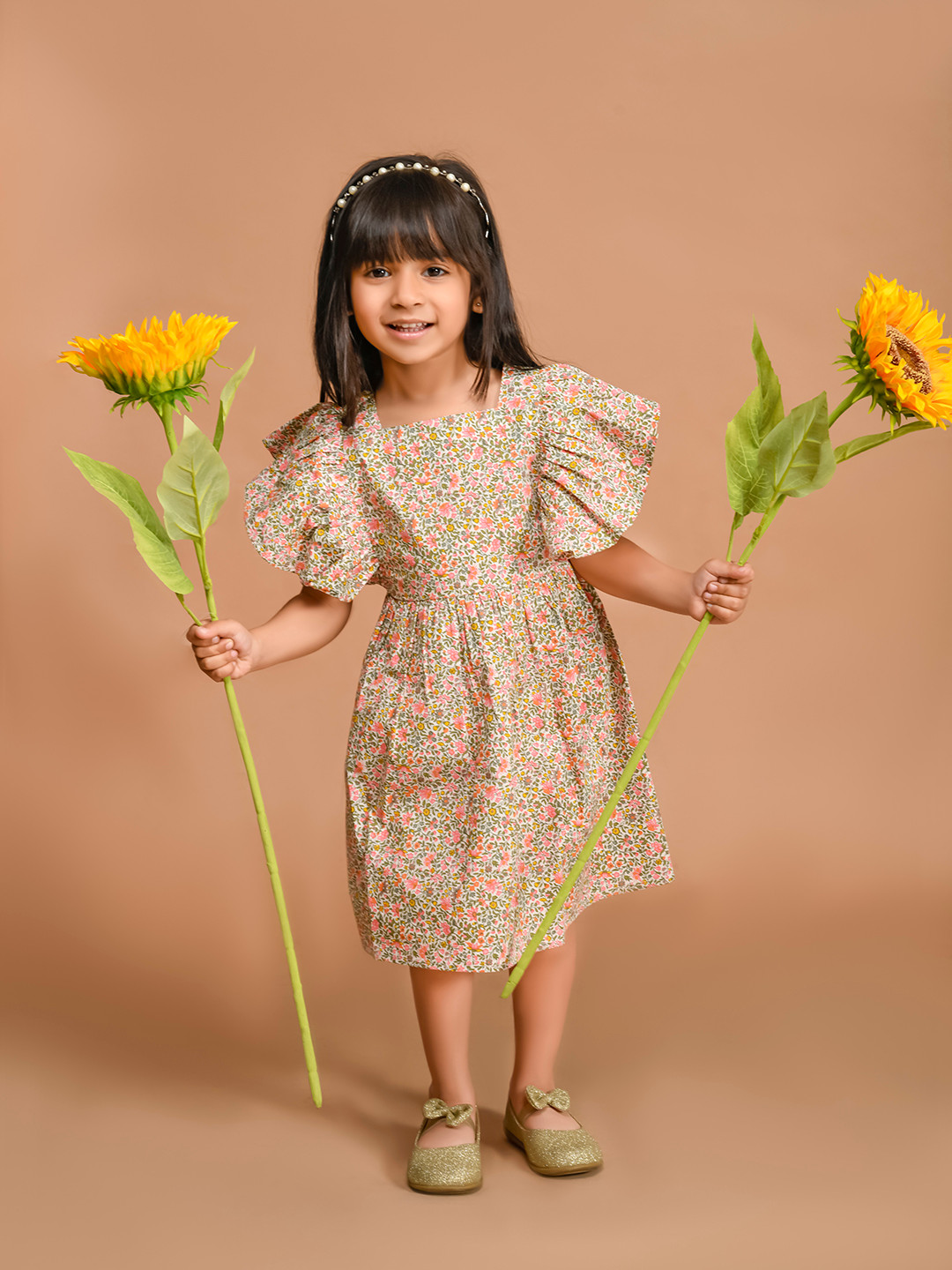 

LilPicks Floral Printed A-Line Dress, Beige