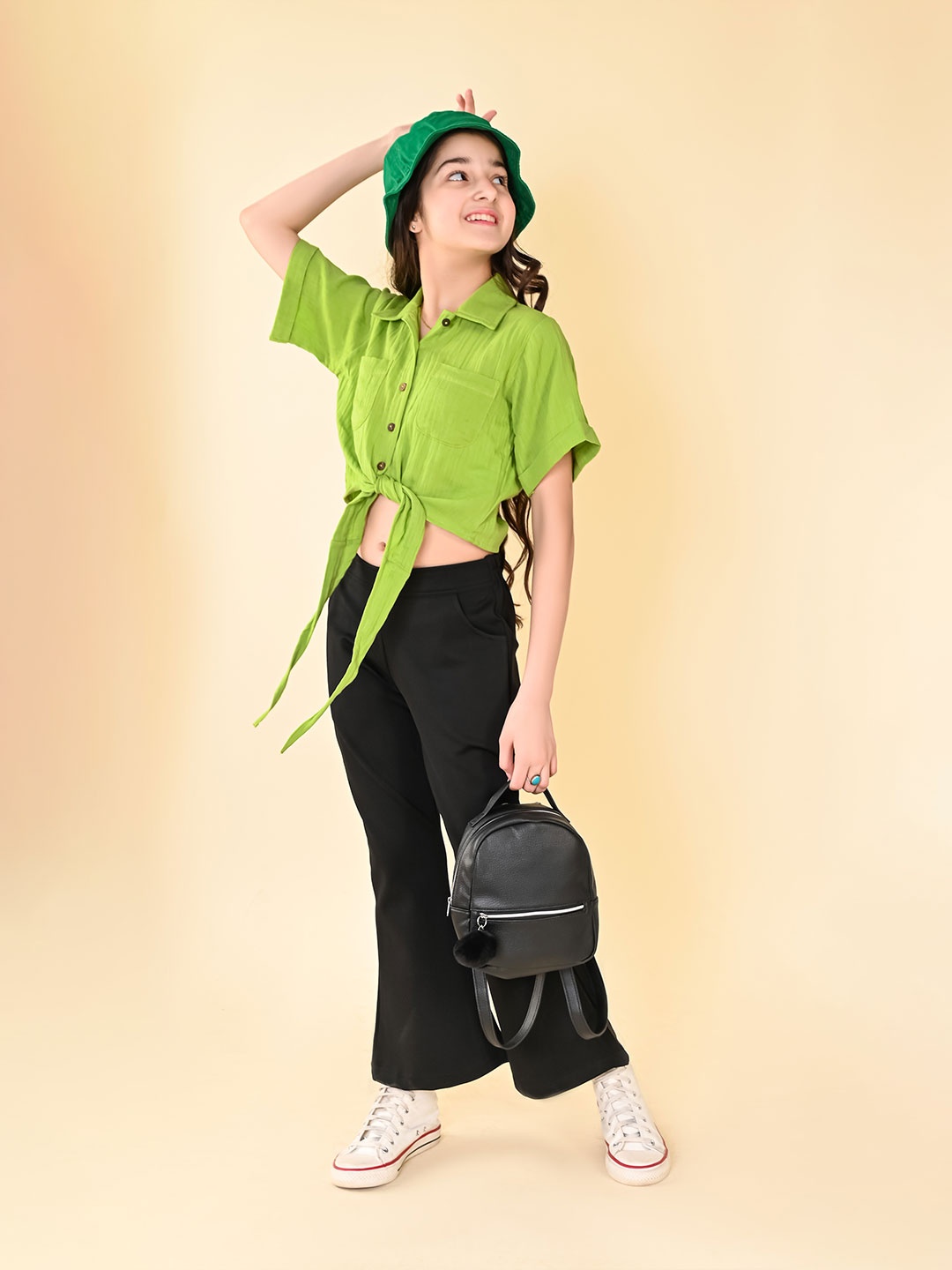 

LilPicks Girls Tie-Up Shirt with Palazzos Set, Green