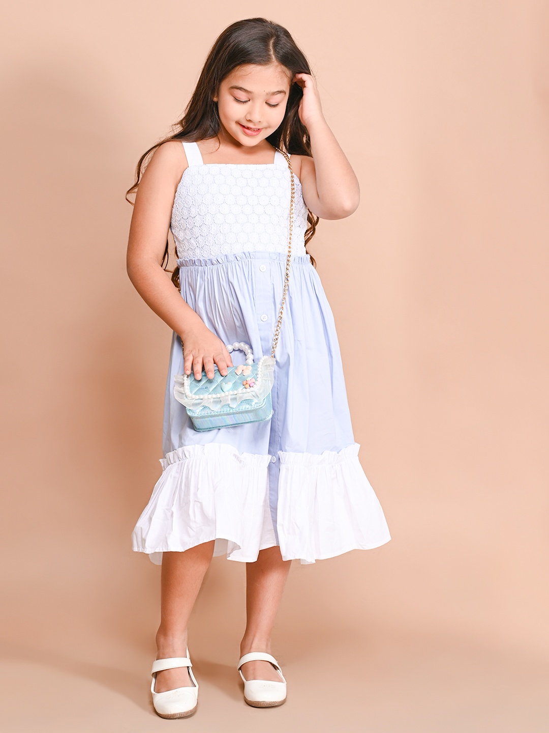 

LilPicks Girls Self Design Shoulder Strap Fit & Flare Midi Dress, Blue