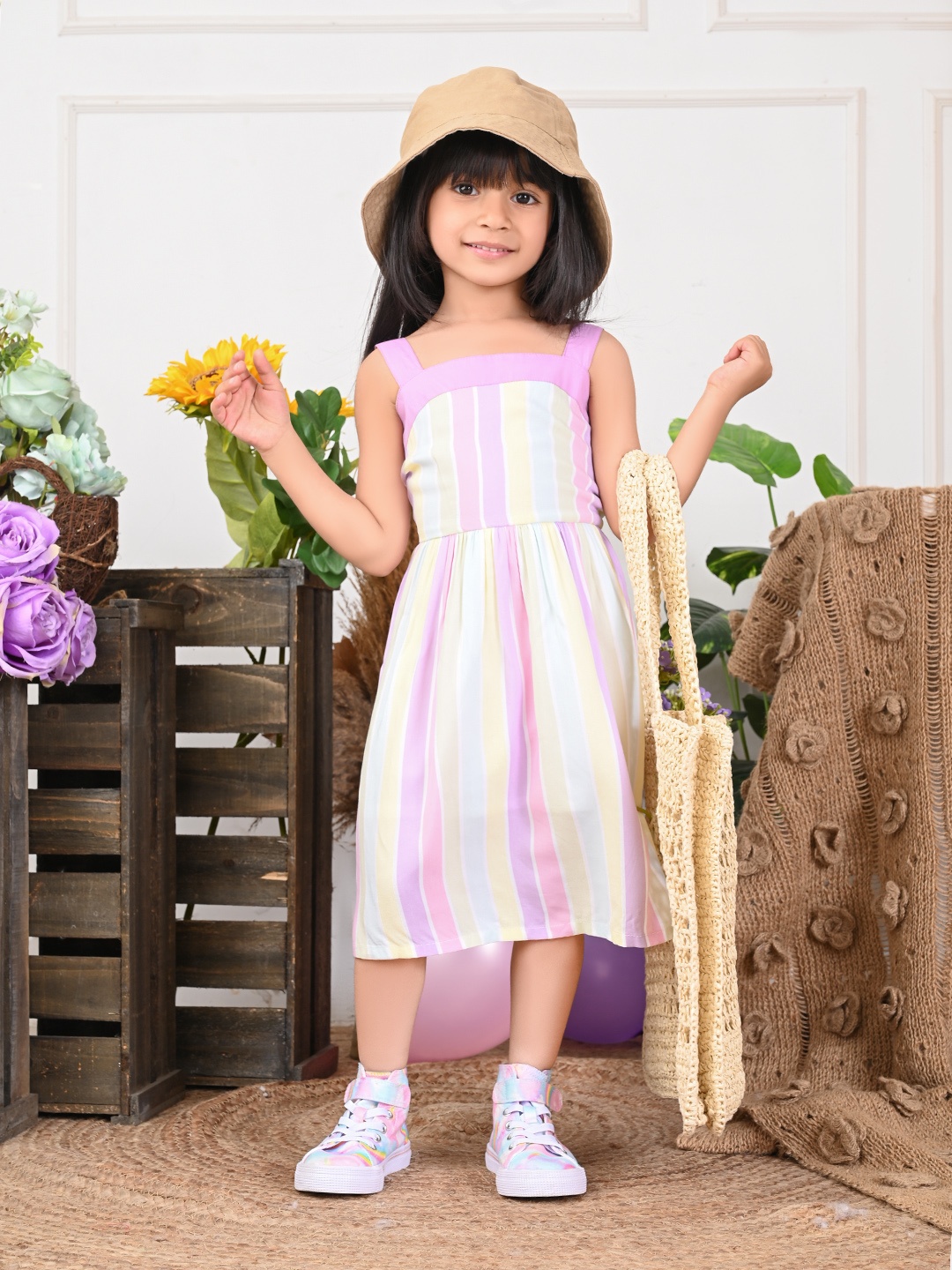 

LilPicks Girls Striped Shoulder Strap Midi Cotton Dress, Pink