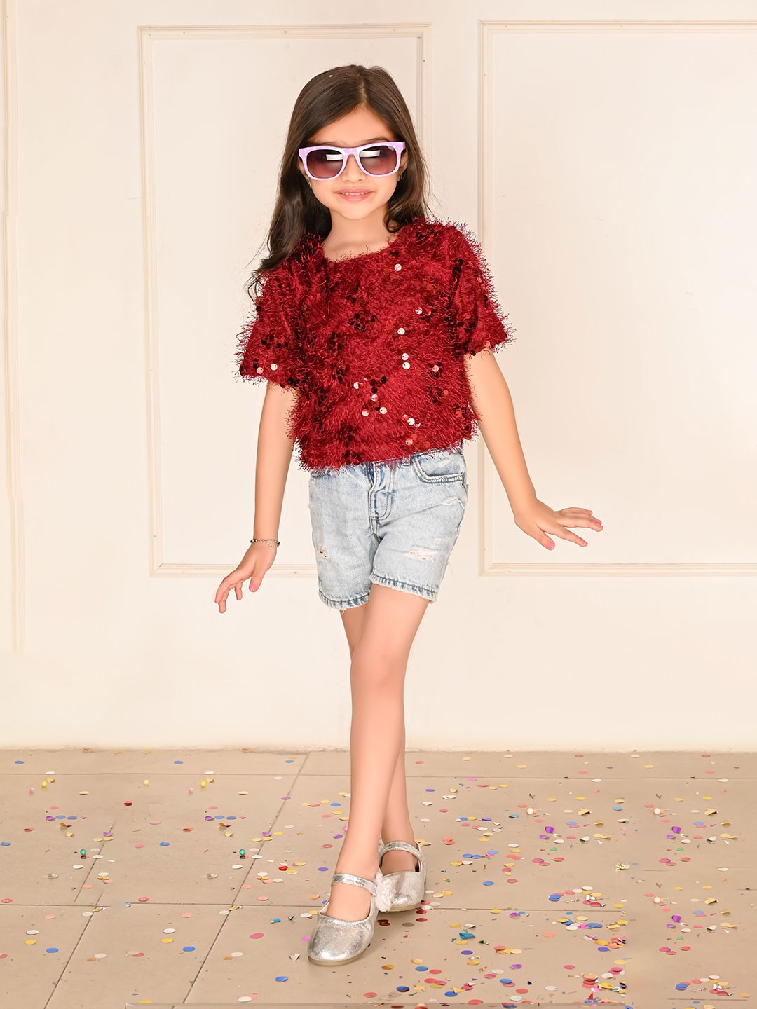 

LilPicks Girls Embellished Round Neck Party Top, Maroon