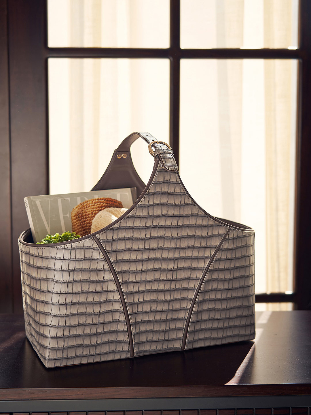 

Pure Home and Living Brown Self-Design Magazine Basket With Handle