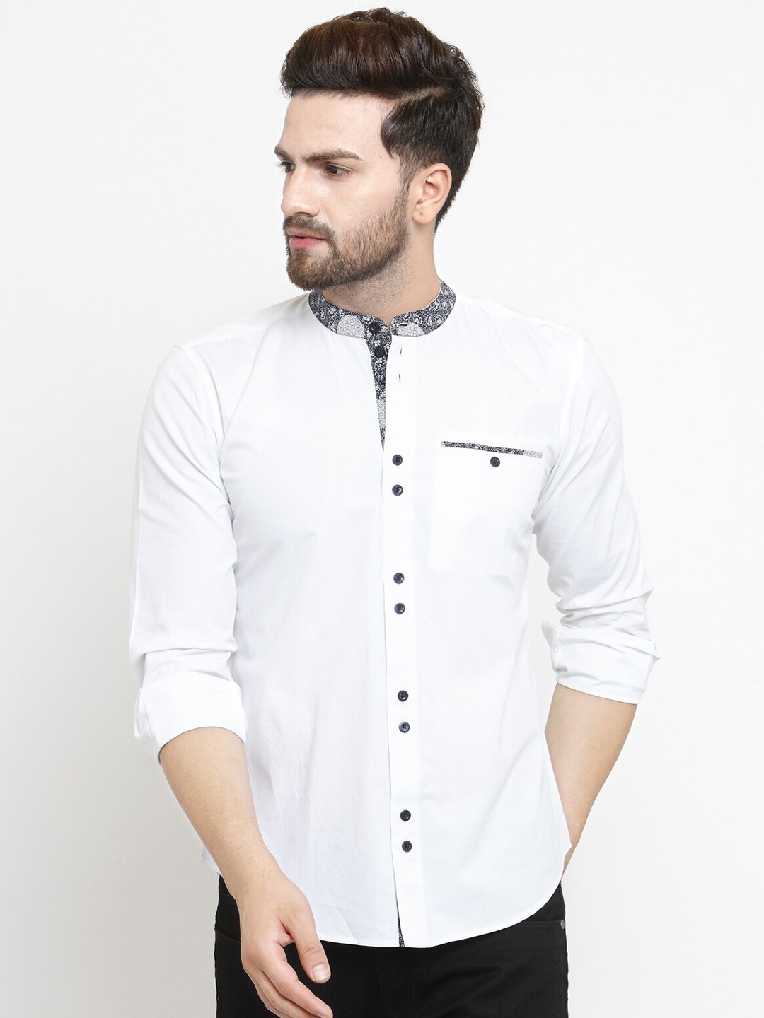 

Purple State Mandarin Collar Slim Fit Cotton Casual Shirt, White