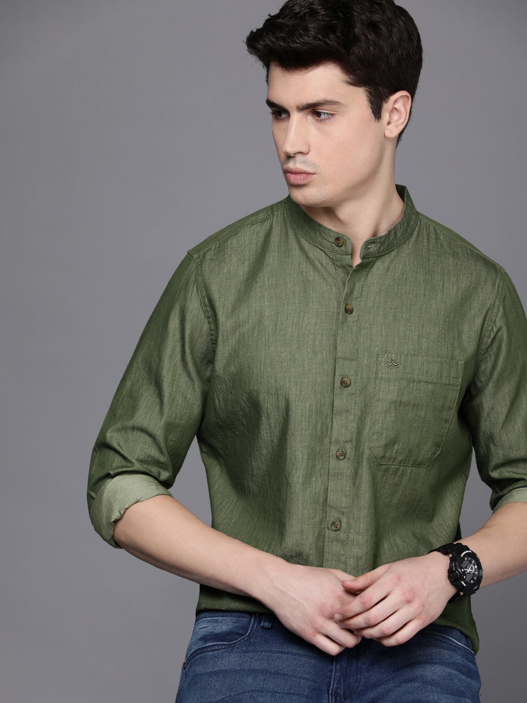 

WROGN Band Collar Slim Fit Pure Cotton Casual Shirt, Olive