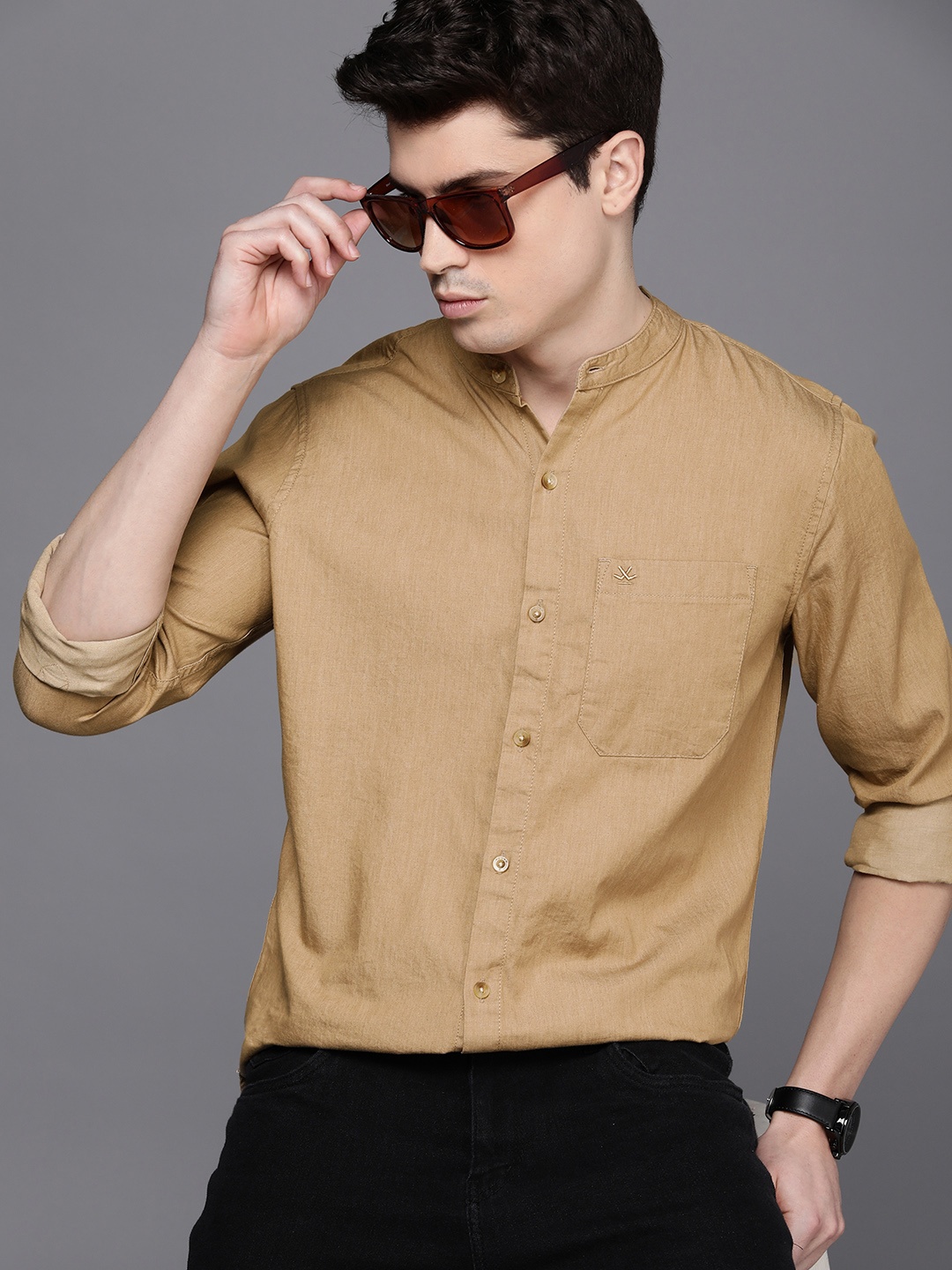 

WROGN Band Collar Slim Fit Pure Cotton Casual Shirt, Khaki