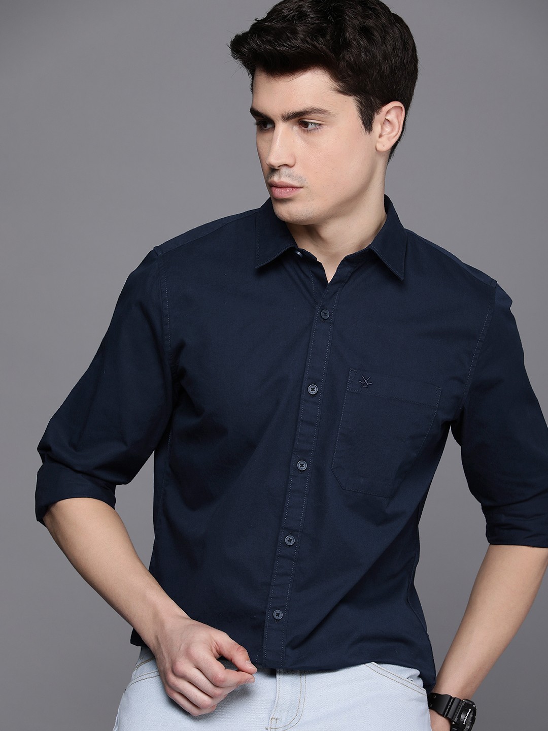 

WROGN Spread Collar Slim Fit Pure Cotton Casual Shirt, Navy blue