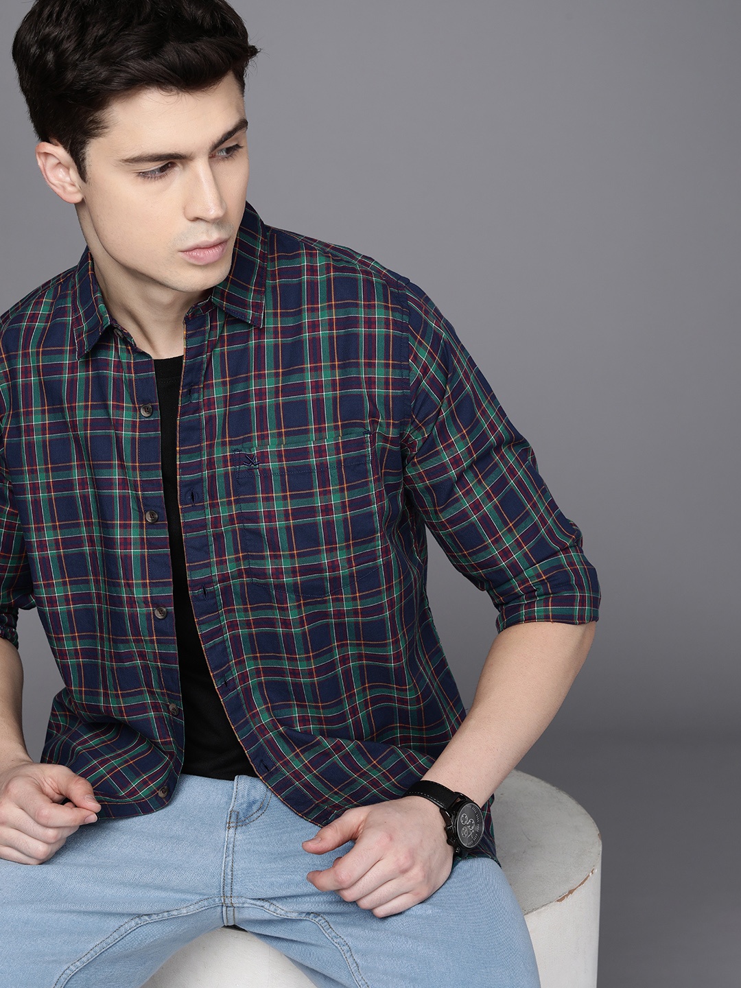 

WROGN Slim Fit Checked Pure Cotton Casual Shirt, Navy blue