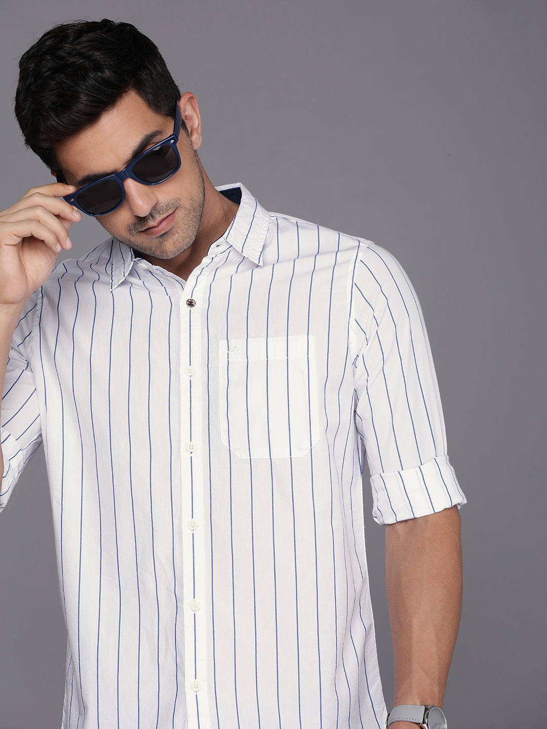 

WROGN Striped Slim Fit Pure Cotton Casual Shirt, White