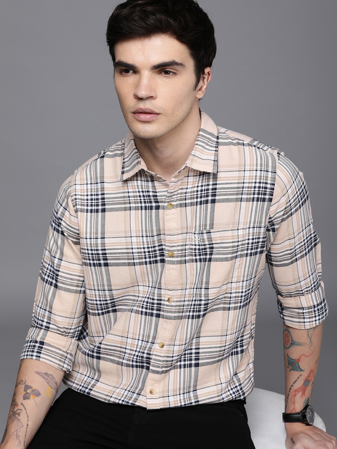

WROGN Slim Fit Tartan Checked Pure Cotton Casual Shirt, Beige