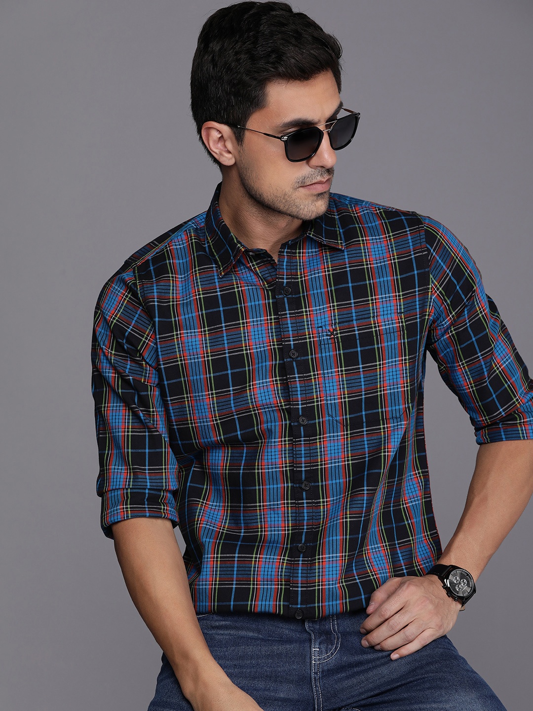 

WROGN Tartan Checked Slim Fit Pure Cotton Casual Shirt, Black