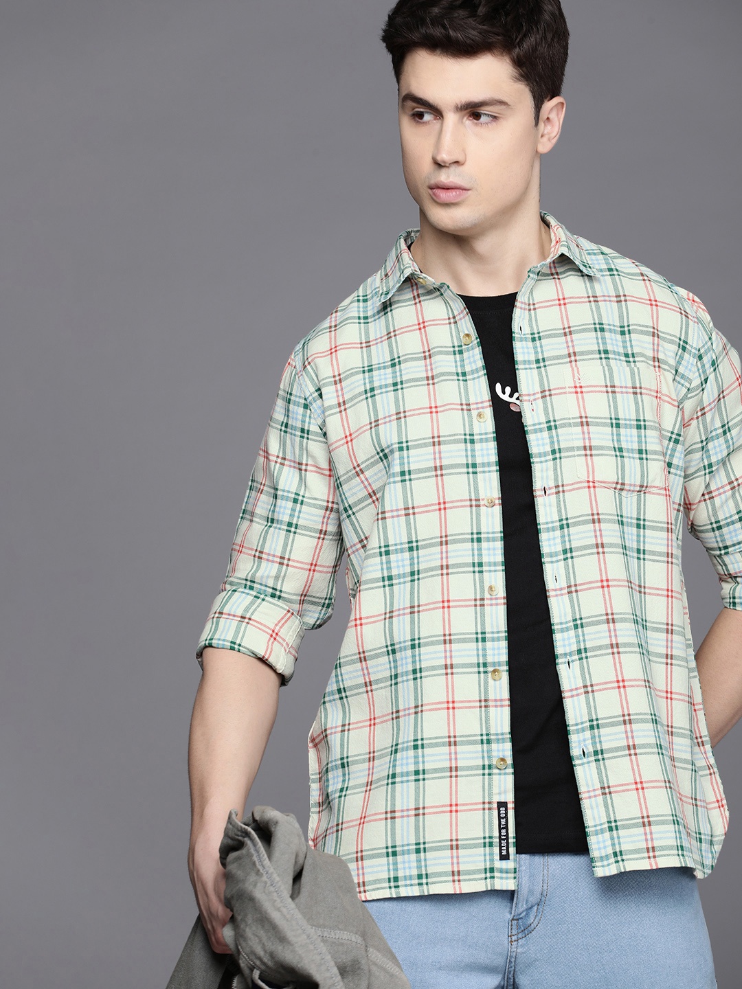 

WROGN Slim Fit Checked Pure Cotton Casual Shirt, Off white