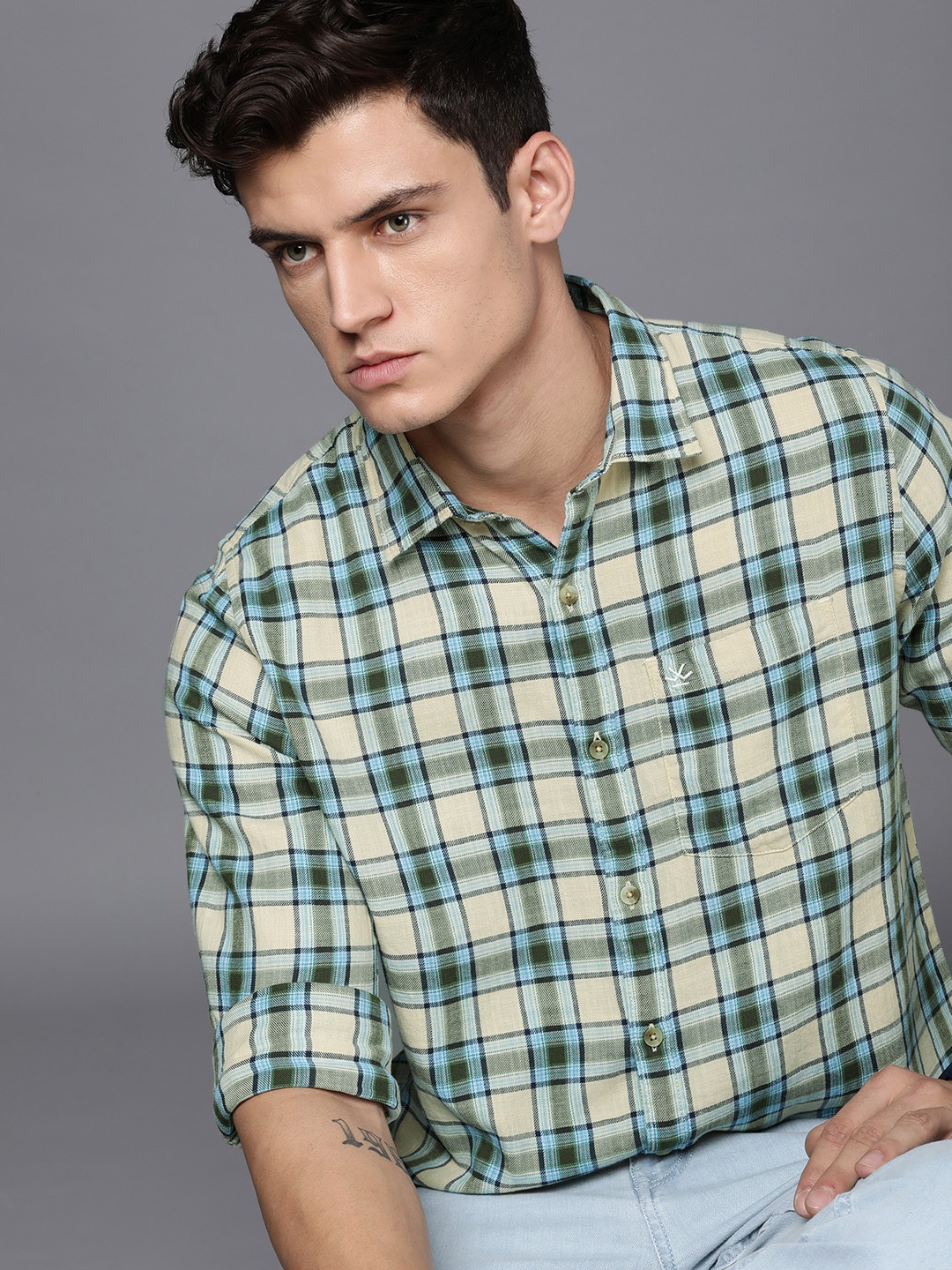 

WROGN Slim Fit Checked Pure Cotton Casual Shirt, Beige