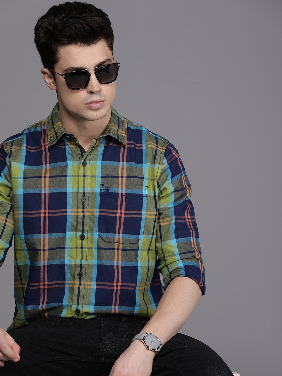 

WROGN Men Slim Fit Tartan Checks Pure Cotton Casual Shirt, Navy blue