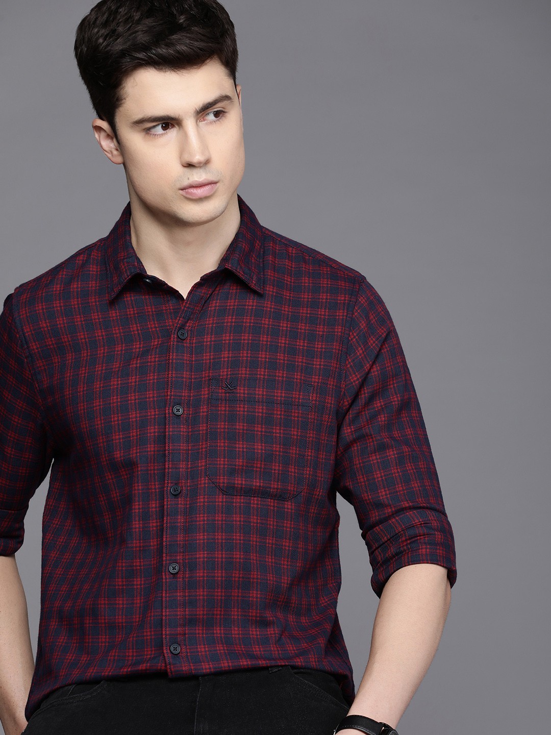 

WROGN Slim Fit Checked Casual Shirt, Navy blue