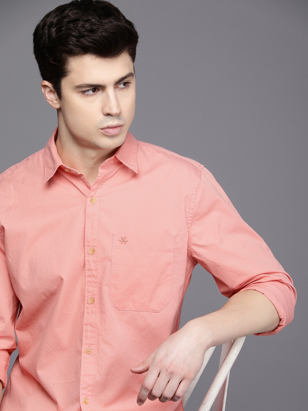 

WROGN Men Pure Cotton Slim Fit Solid Casual Shirt, Peach