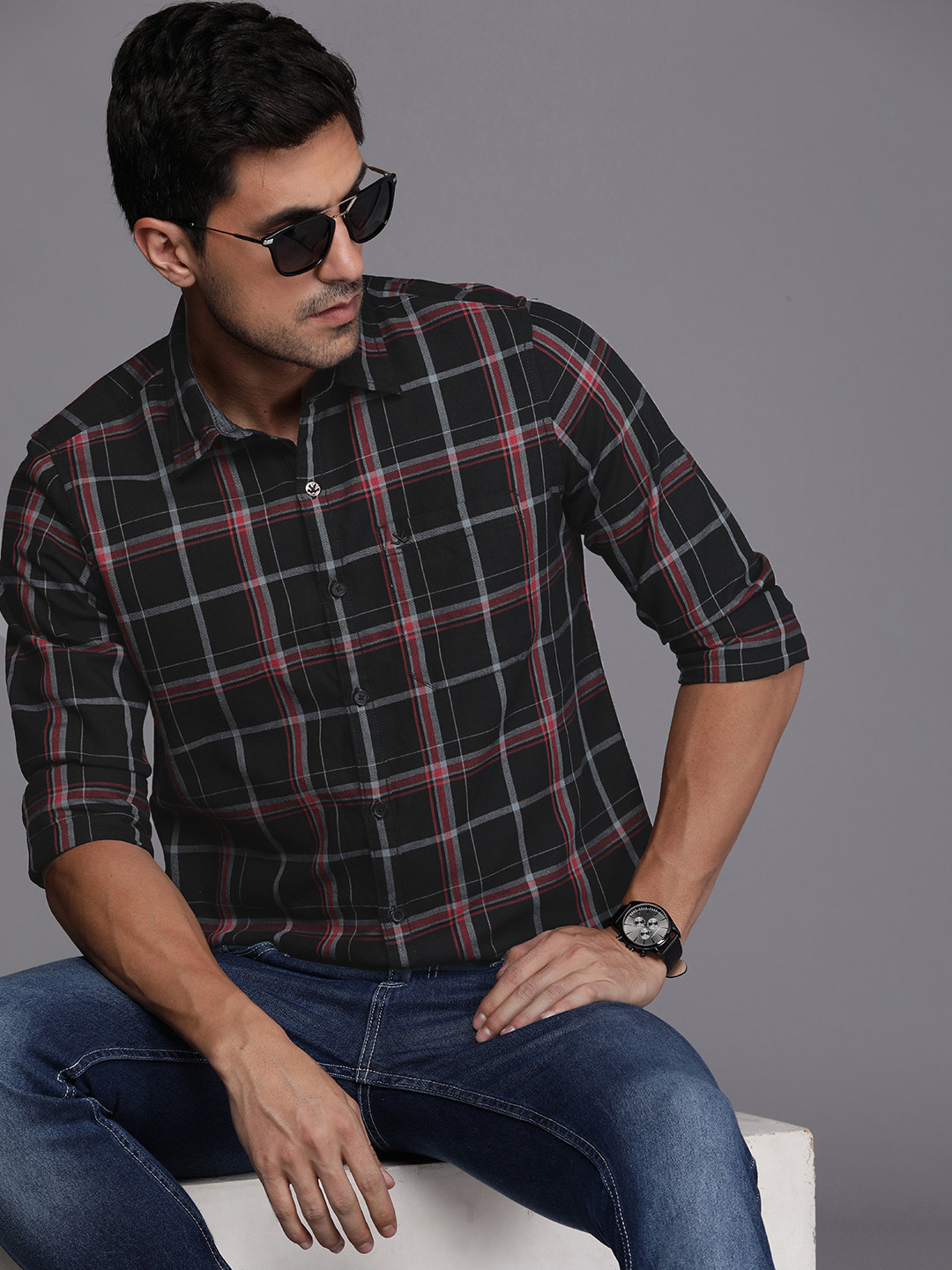 

WROGN Men Slim Fit Tartan Checks Pure Cotton Casual Shirt, Black