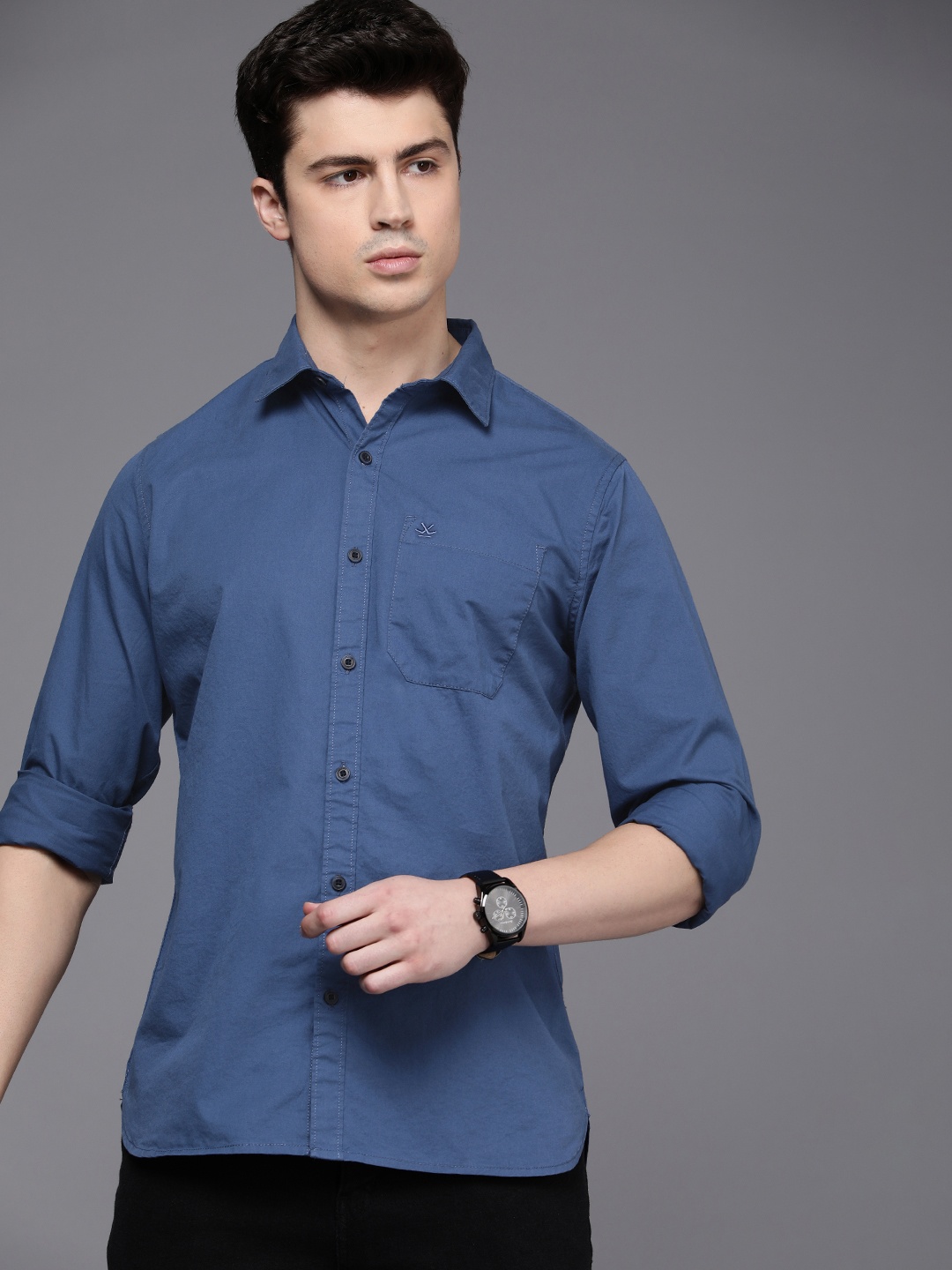 

WROGN Spread Collar Slim Fit Pure Cotton Casual Shirt, Blue