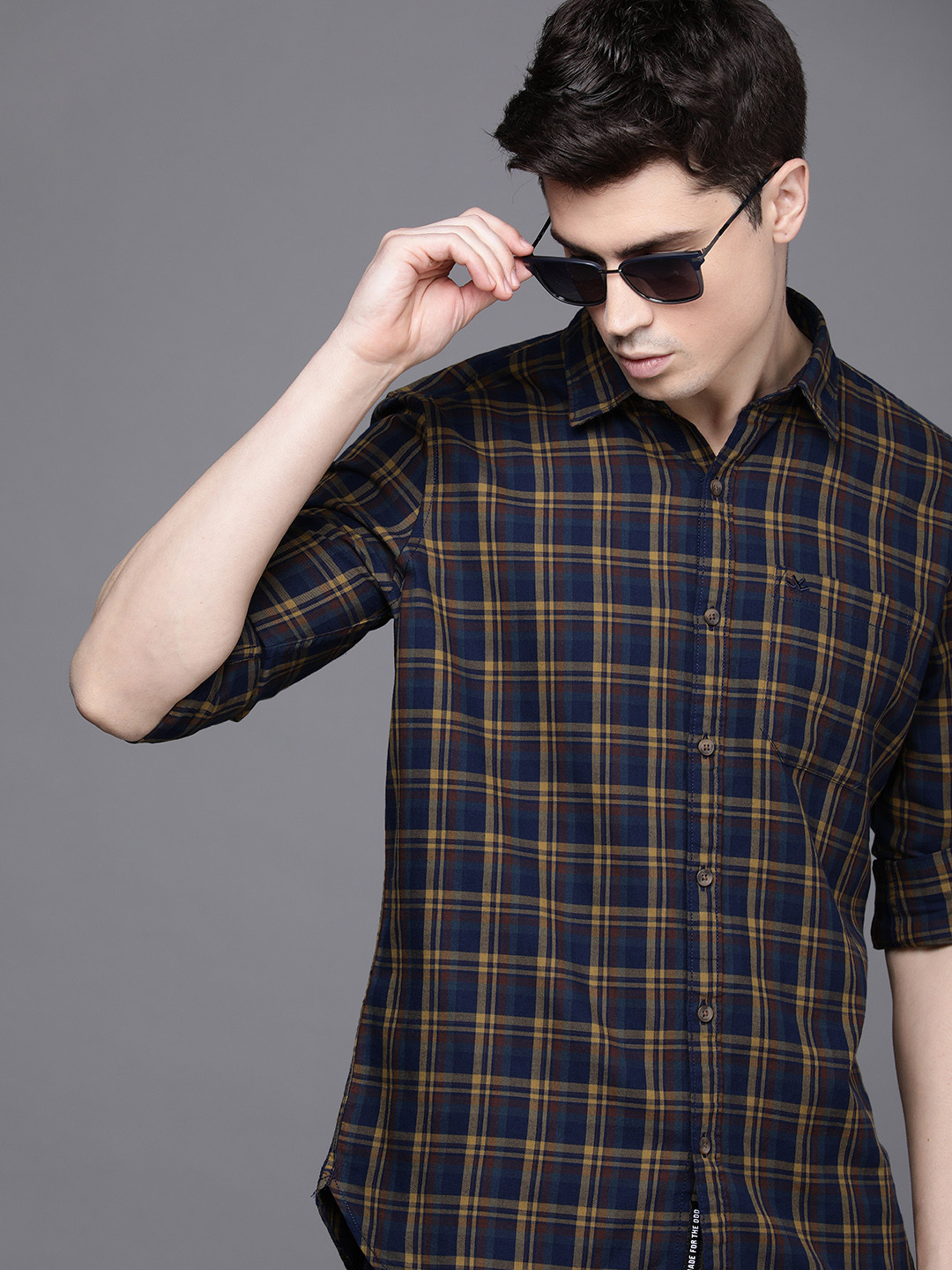 

WROGN Men Pure Cotton Slim Fit Tartan Checked Opaque Casual Shirt, Navy blue