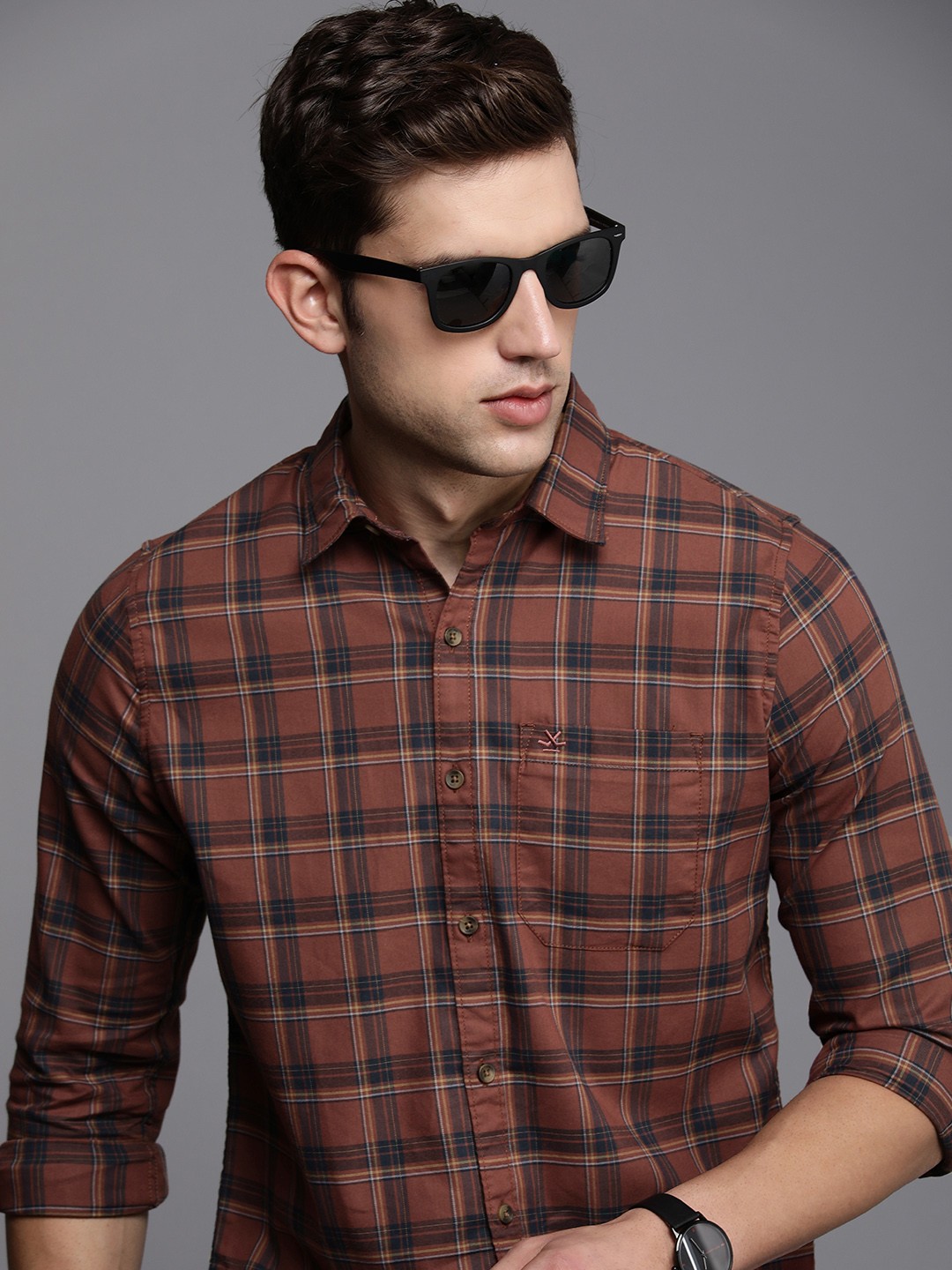 

WROGN Slim Fit Checked Casual Shirt With Chest Pocket, Brown