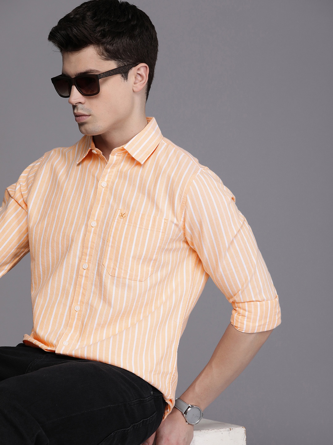 

WROGN Men Slim Fit Striped Pure Cotton Casual Shirt, Orange