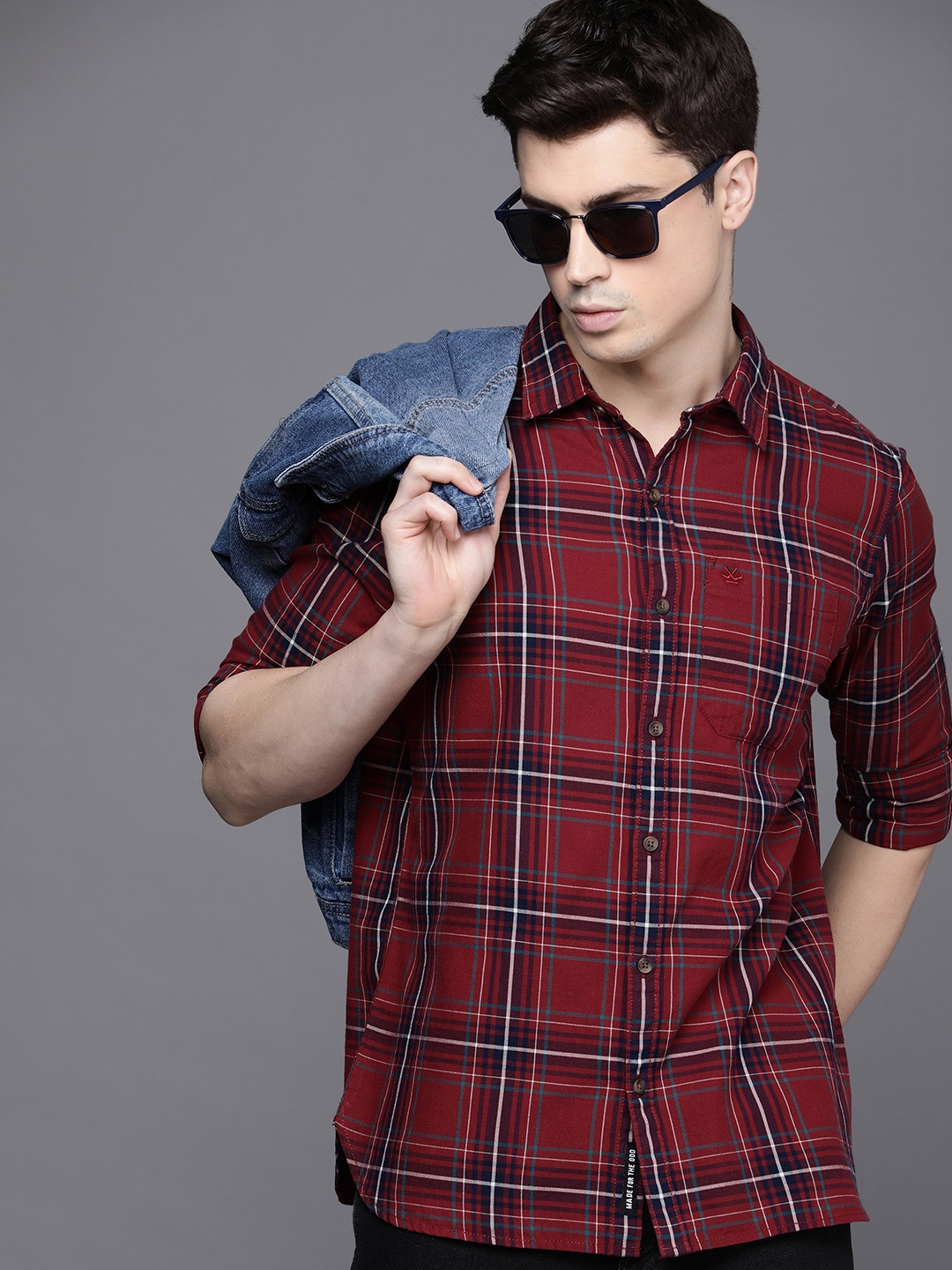 

WROGN Slim Fit Tartan Checked Pure Cotton Casual Shirt, Maroon