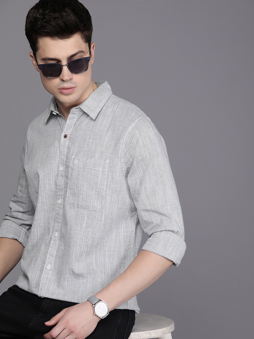 

WROGN Men Slim Fit Horizontal Stripes Pure Cotton Casual Shirt, White