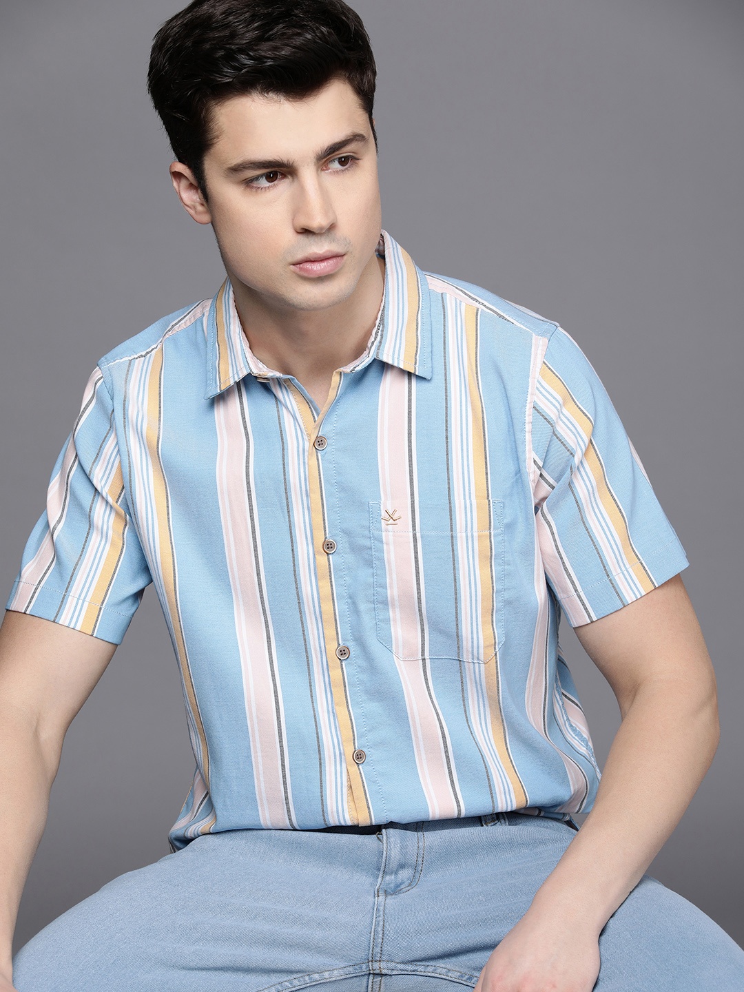 

WROGN Slim Fit Striped Casual Shirt With Chest Pocket, Blue